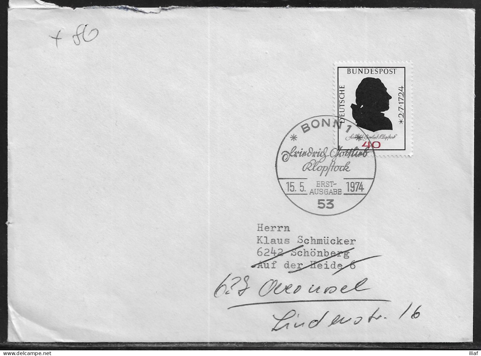 Germany. FDC Mi. 809.  250th Birth Anniversary Of Friedrich Gottlieb Klopstock.  FDC Cancellation On Plain Envelope - 1971-1980