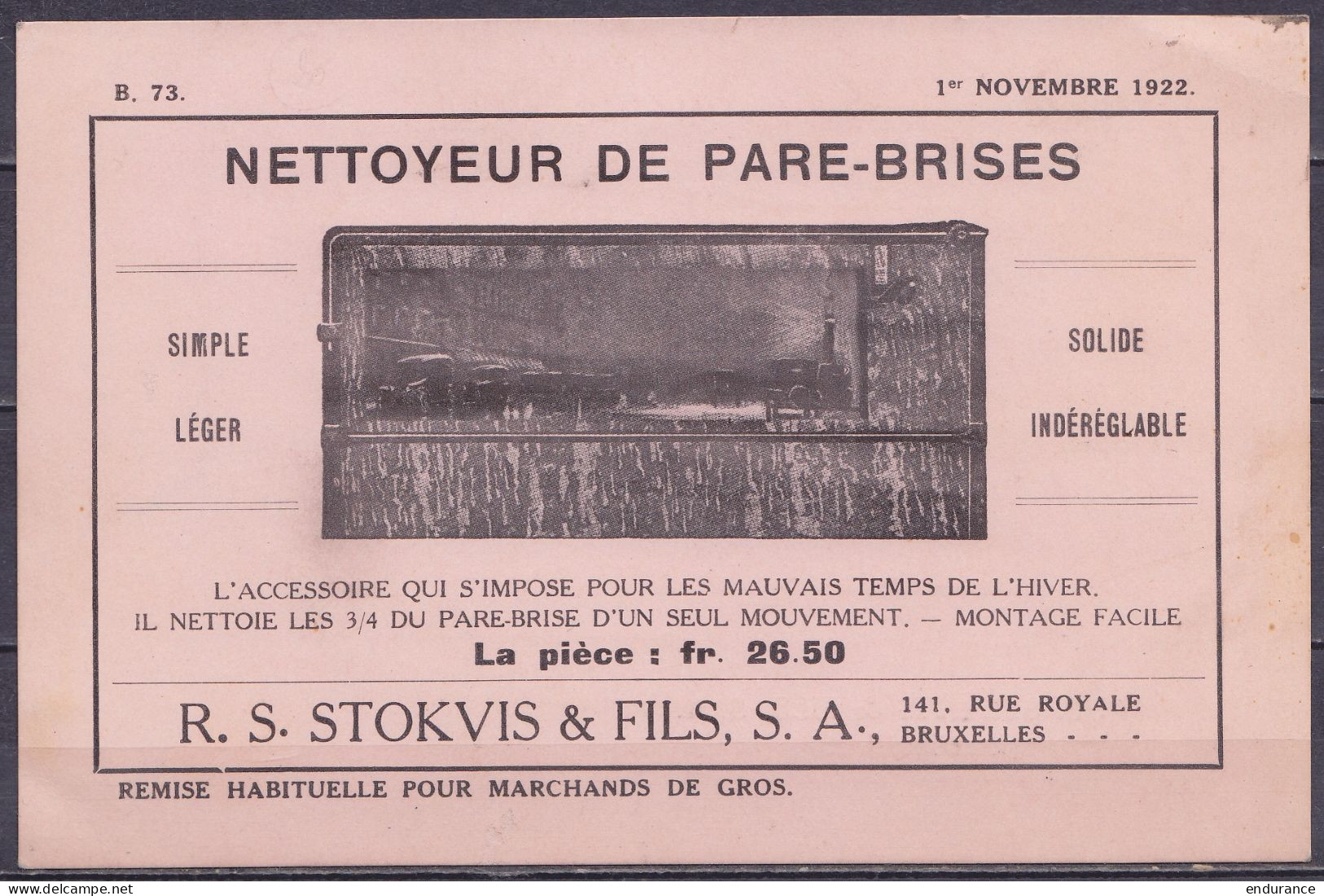 Imprimé Carte Publicitaire "Nettoyeur De Pare-brises Stokvis & Fils" Affr. PREO 3c Gris (N°183) Surch. [BRUXELLES /22/ B - Typos 1922-26 (Albert I)