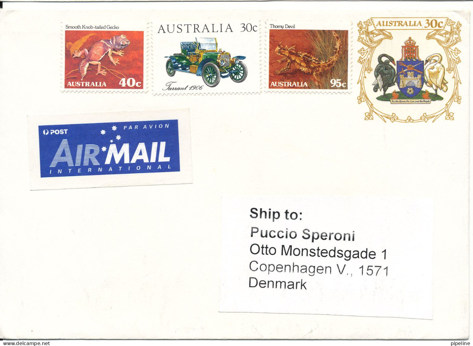 Australia Postal Stationery Cover Sent To Denmark Uprated But No Postmarks On Stamps Or Cover - Entiers Postaux