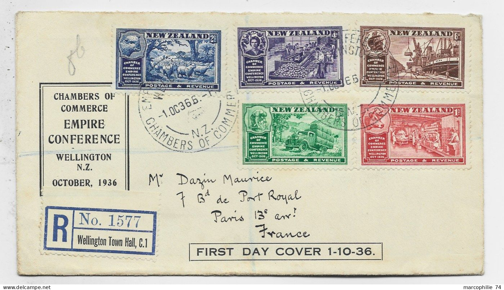 NEW ZEALAND LETTRE COVER REC FDC CHAMBERS OF COMMERCE WELLINGTON TOWN HALL 1.OC 1936 TO FRANCE - Lettres & Documents