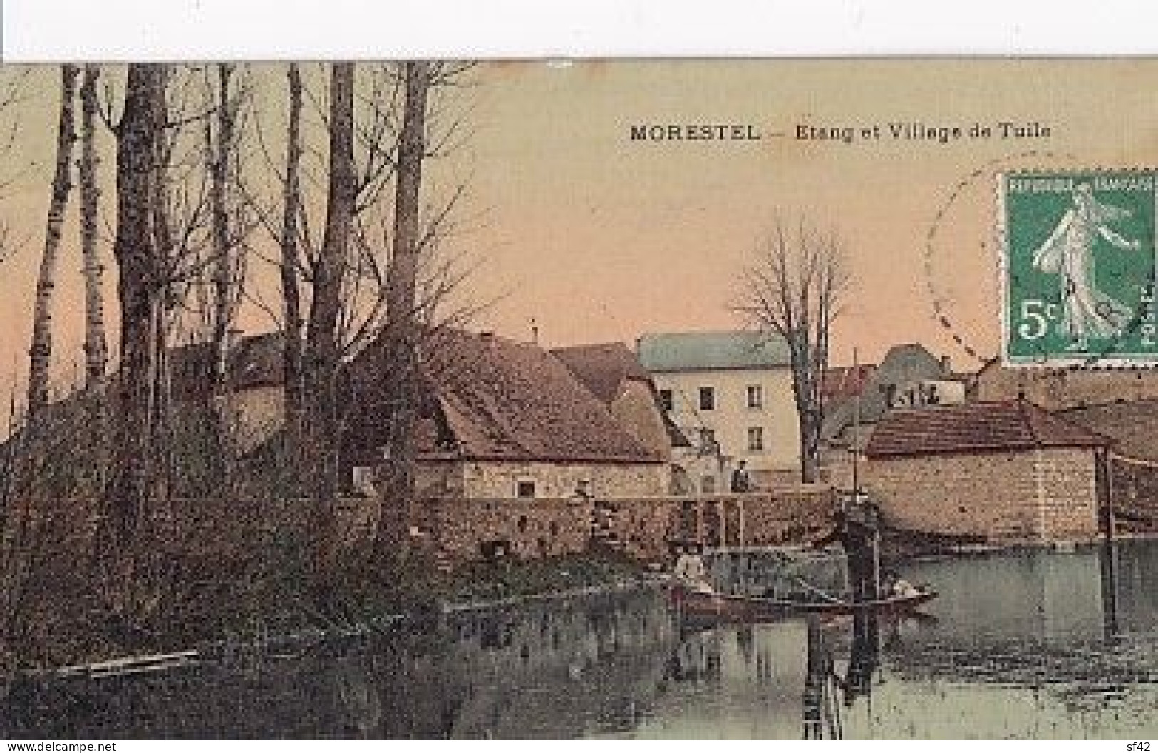 MORESTEL           ETANG ET VILLAGE DE TUILE         PECHEUR AU FILET            CARTE TOILEE - Morestel