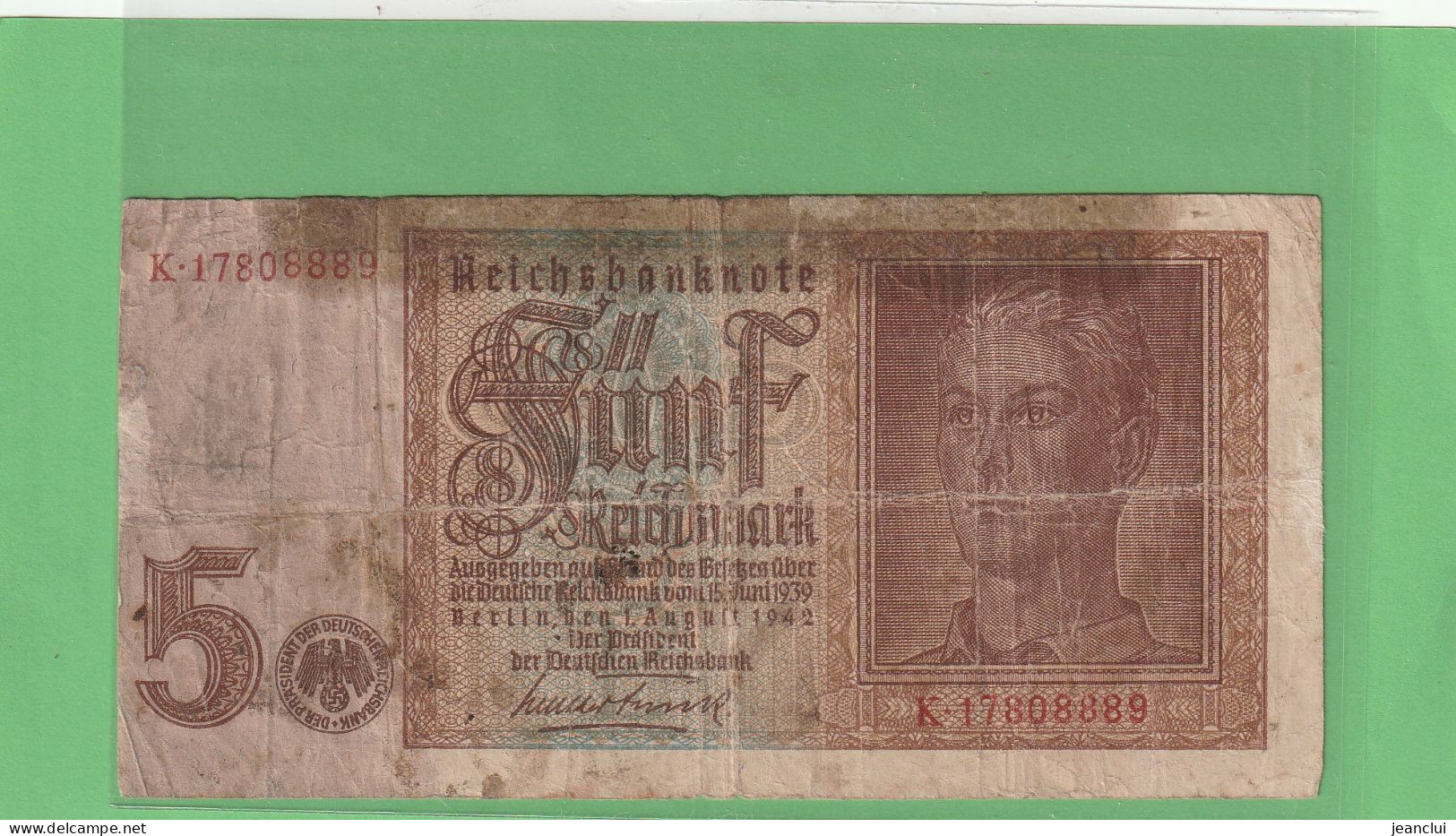 REICHSBANKNOTE  .  5 MARK  .  1-8-1942  .  N°  K.17808889 - 5 Reichsmark