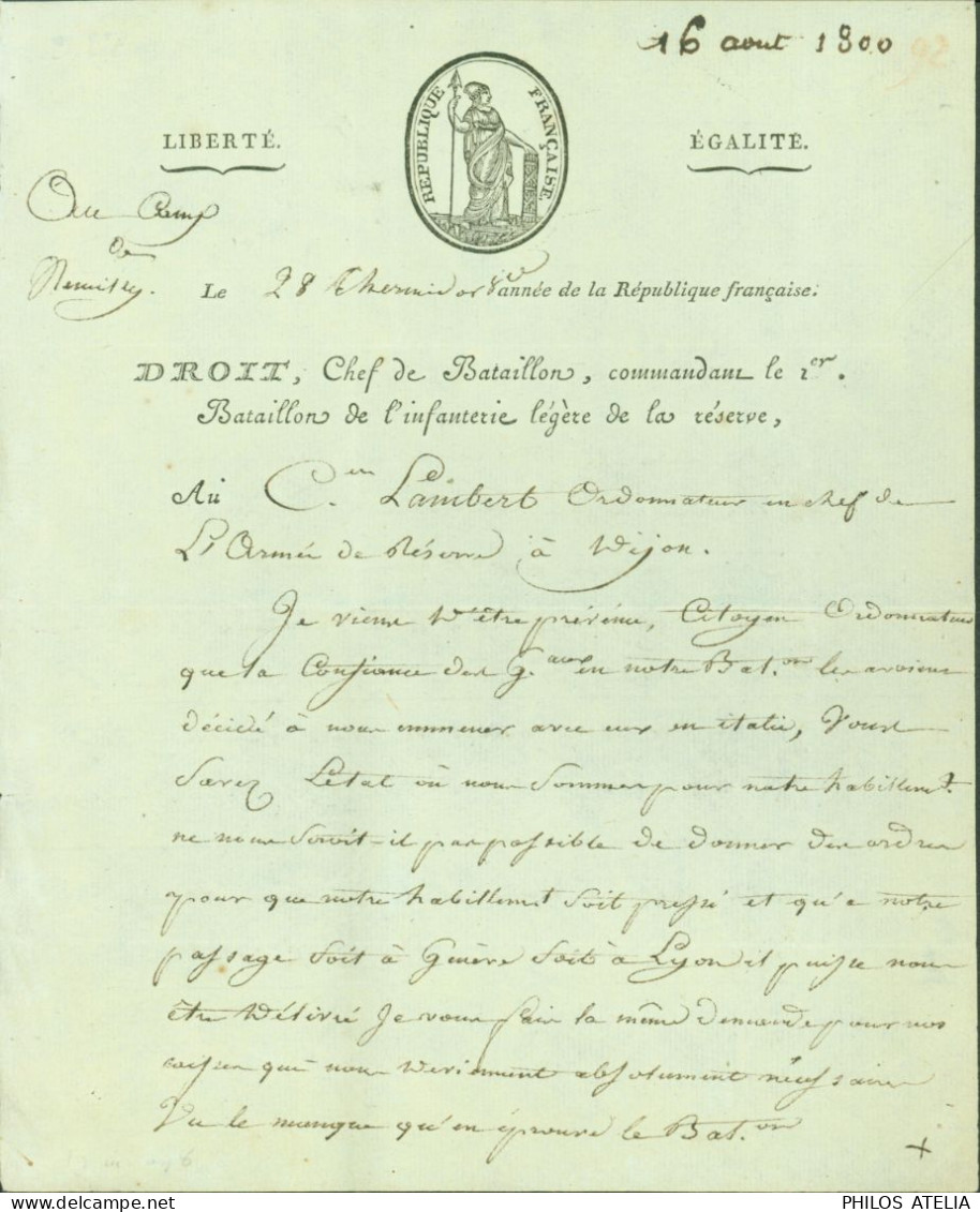 LAS Lettre Autographe Signature An 8 M Droit Chef Bataillon Commandant 2e Bataillon Infanterie Légère De Réserve Dijon - Politiques & Militaires