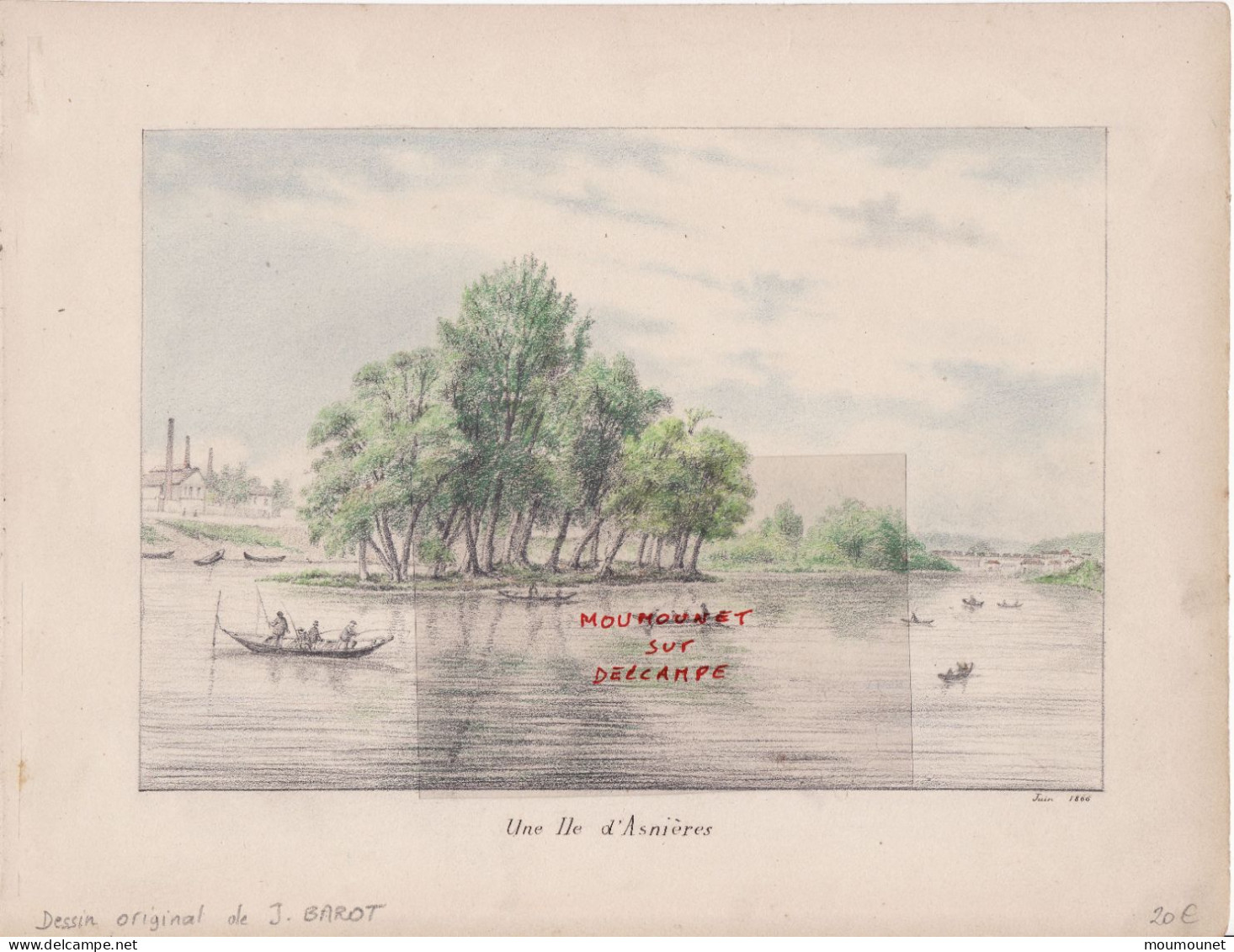 Asnières 92. Une Île. Dessin Au Crayon De Couleur D'après Nature. Juin 1866 - Other & Unclassified