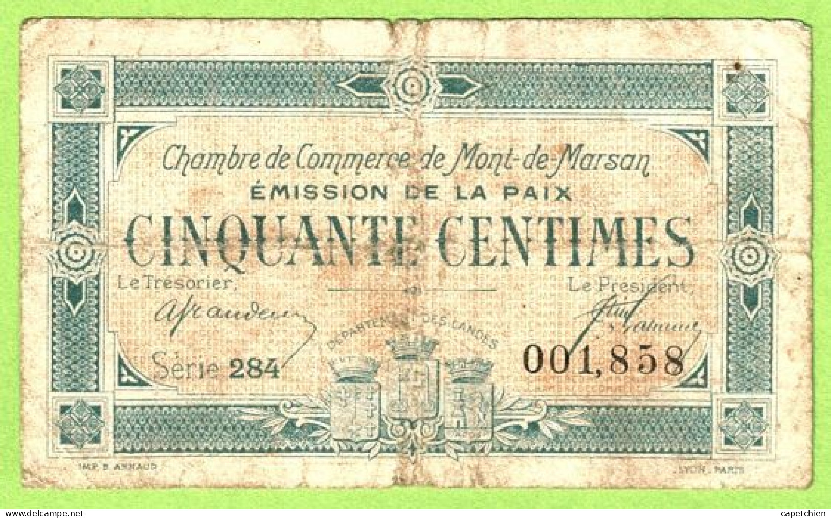 FRANCE / CHAMBRE De COMMERCE / MONT DE MARSAN / 50 CENTIMES / 1921 / EMISSION DE LA PAIX 001858 / SERIE 284 - Chamber Of Commerce