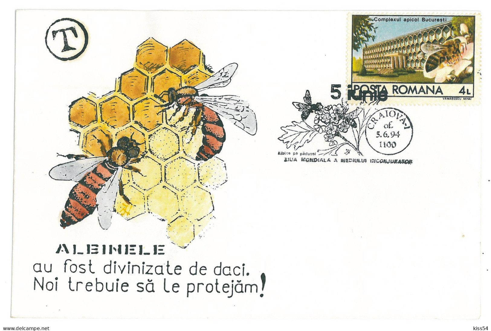 COV 998 - 3110-a HONEY BEE, Romania - Cover - Used - 1994 - Honeybees