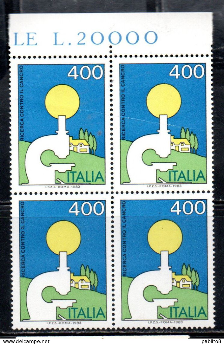 ITALIA REPUBBLICA ITALY REPUBLIC 1983 LOTTA CONTRO IL CANCRO FIGHT AGAINST CANCER QUARTINA ANGOLO DI FOGLIO BLOCK MNH - 1981-90: Nieuw/plakker