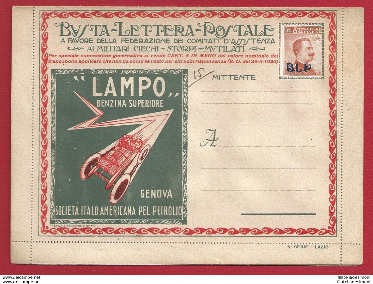 1921 REGNO, BLP N° 2  20 Cent. Arancio BUSTA SPECIALE NUOVA - - Timbres Pour Envel. Publicitaires (BLP)