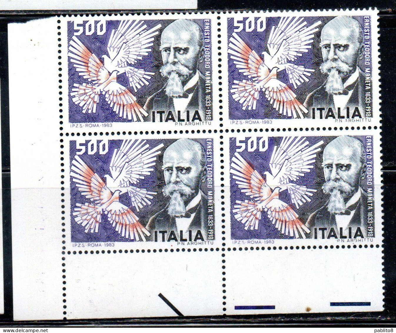 ITALIA REPUBBLICA ITALY REPUBLIC 1983 ERNESTO TEODORO MONETA QUARTINA ANGOLO  DI FOGLIO BLOCK MNH - 1981-90: Nieuw/plakker