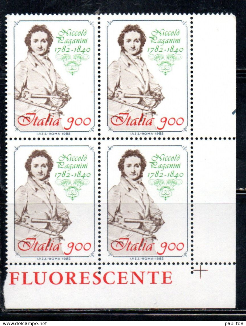 ITALIA REPUBBLICA ITALY REPUBLIC 1982 PAGANINI II 2° CENTENARIO NASCITA QUARTINA ANGOLO DI FOGLIO BLOCK MNH - 1981-90:  Nuevos