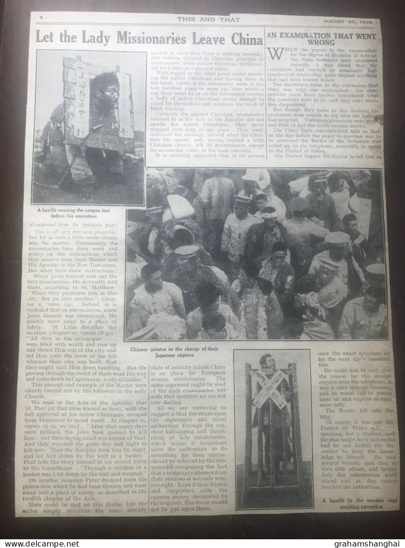 Newspaper Press Cutting 'Let The Lady Missionaries Leave China' From 'This And That' 1930 Risks From Brigands Bandits - Religion