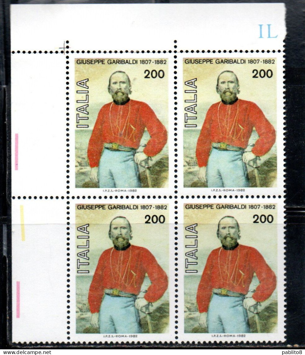 ITALIA REPUBBLICA ITALY REPUBLIC 1982 GIUSEPPE GARIBALDI CENTENARIO MORTE QUARTINA ANGOLO DI FOGLIO BLOCK MNH - 1981-90:  Nuevos