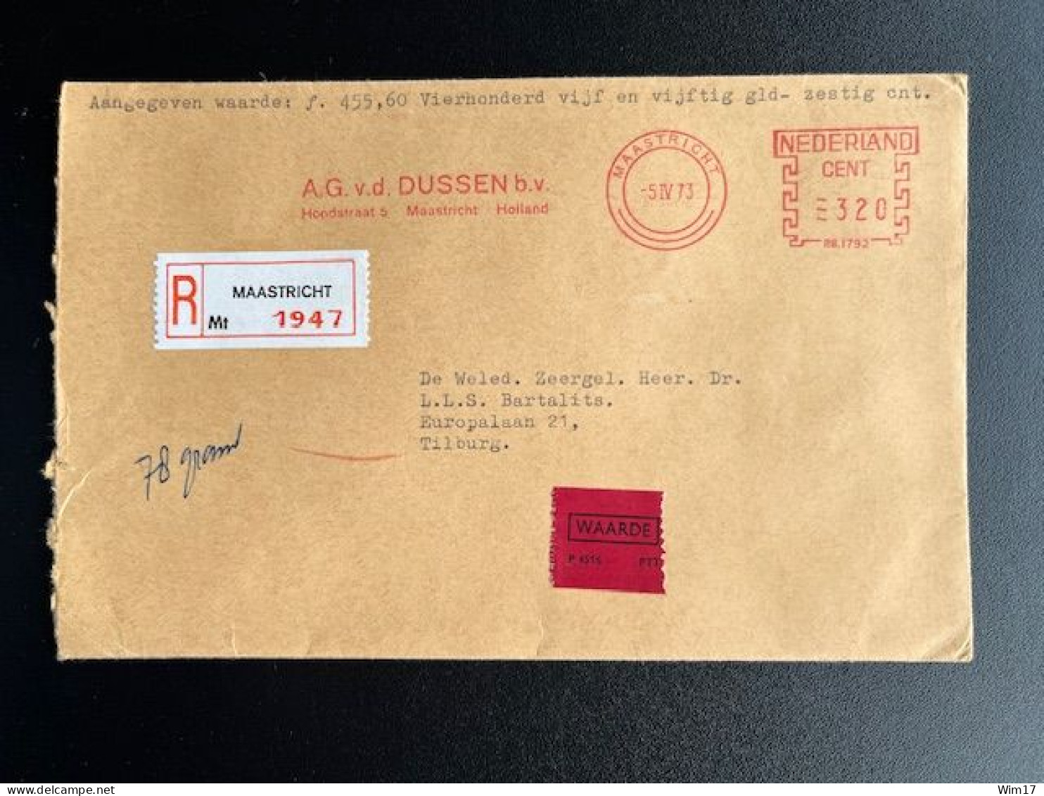 NETHERLANDS 1973 REGISTERED LETTER MAASTRICHT TO TILBURG 05-04-1973 NEDERLAND AANGETEKEND - Briefe U. Dokumente