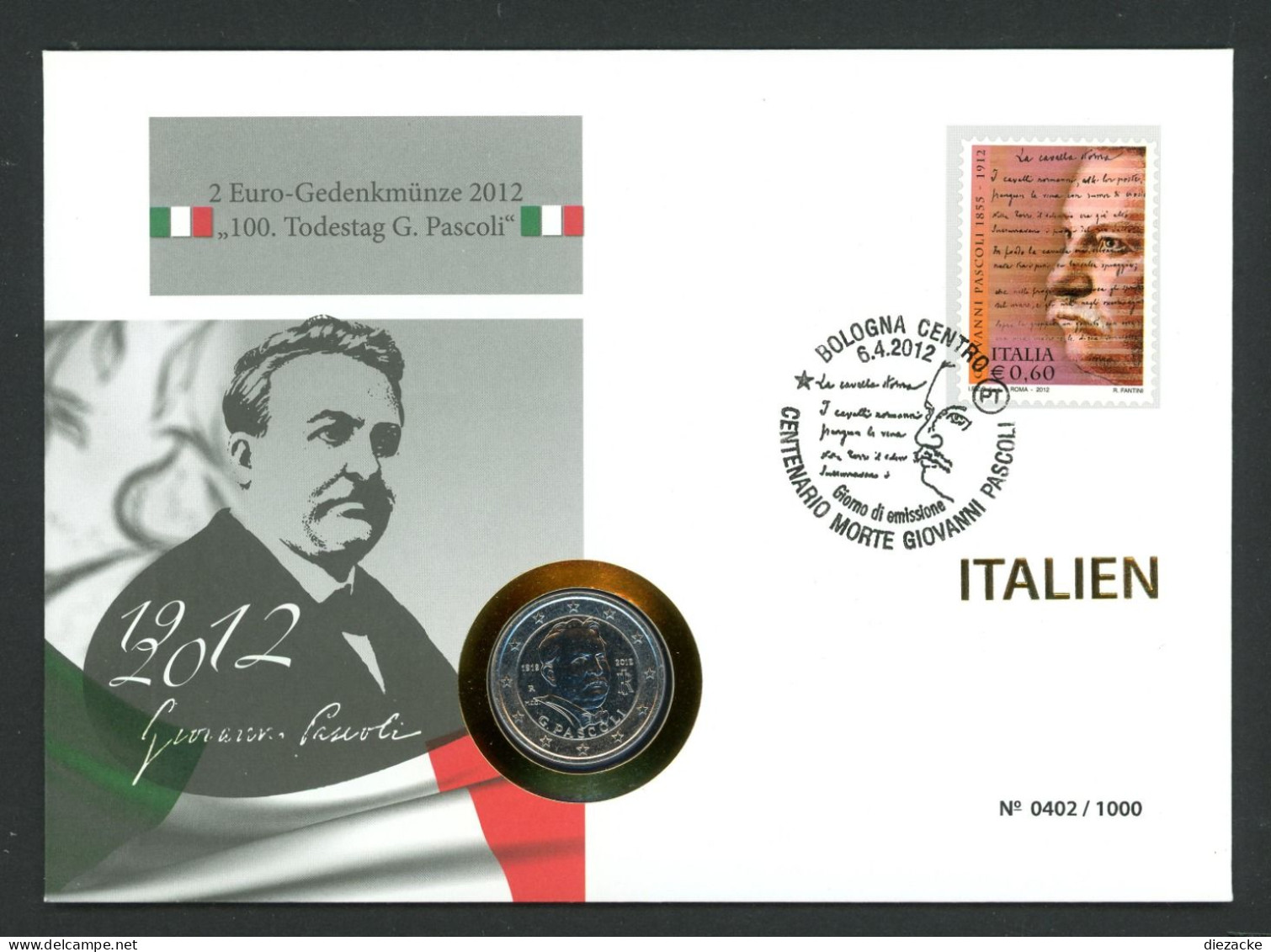 Italien 2012 2 Euro Numisbrief G. Pascoli, Platin Veredelt BU (Num215 - Conmemorativas