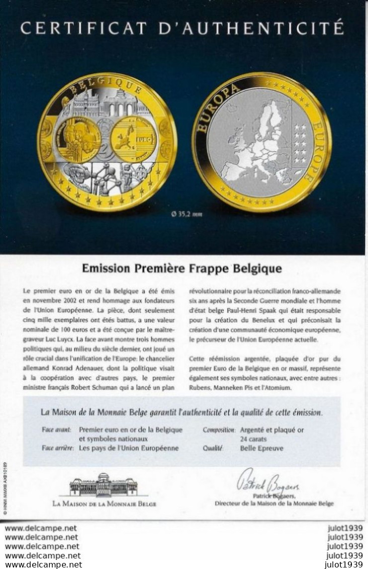 BELGIUM ..-- HOMMAGE Au 1er  EURO Doré De BELGIQUE . ARGENT PUR 999/1000 . BELLE EPREUVE . Valeur Nominale = 100 Euros - België