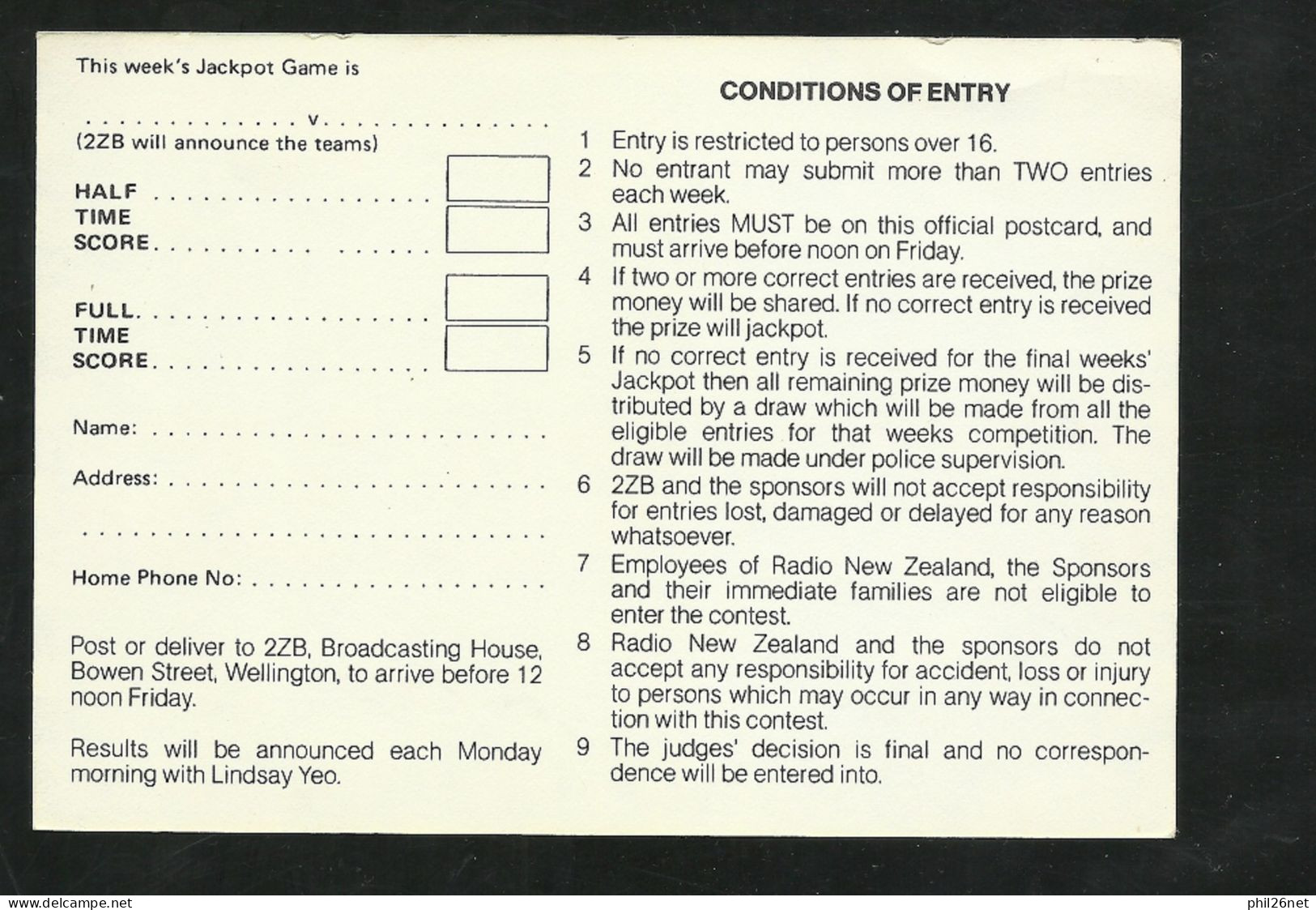 Nouvelle Zélande Carte Postale Pour Rugby Jackpot 2ZB Wellington Concours De Pronostics Neuve TB Voir Scan Soldé ! ! ! - Rugby