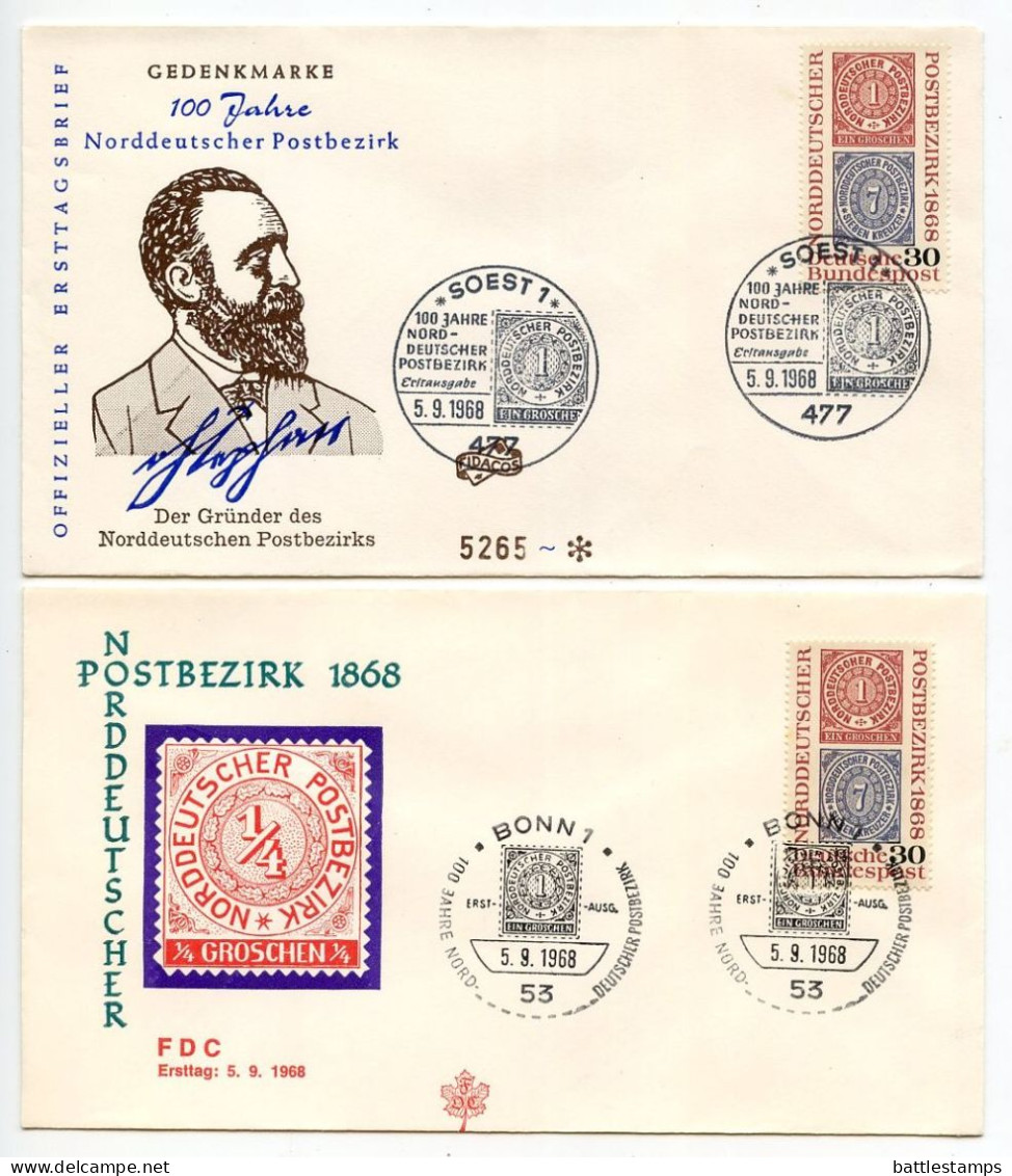 Germany, West 1968 2 FDCs Scott 990 North German Confederation Stamps Centenary; Bonn & Soest Postmarks - 1961-1970