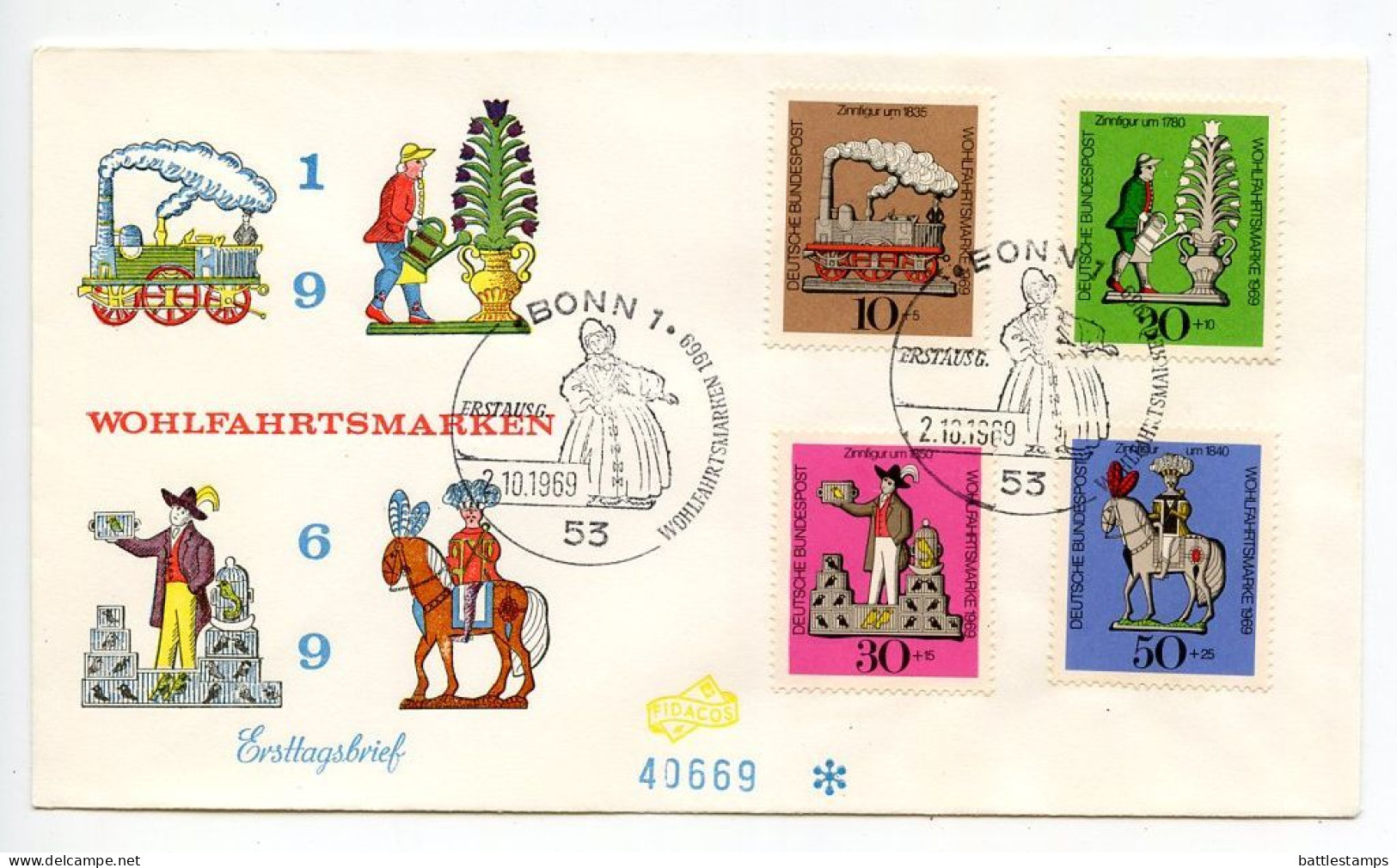 Germany, West 1969 FDC Scott B450-B453 Tin Toys - Locomotive, Gardener, Bird Seller, Knight On Horseback - 1961-1970