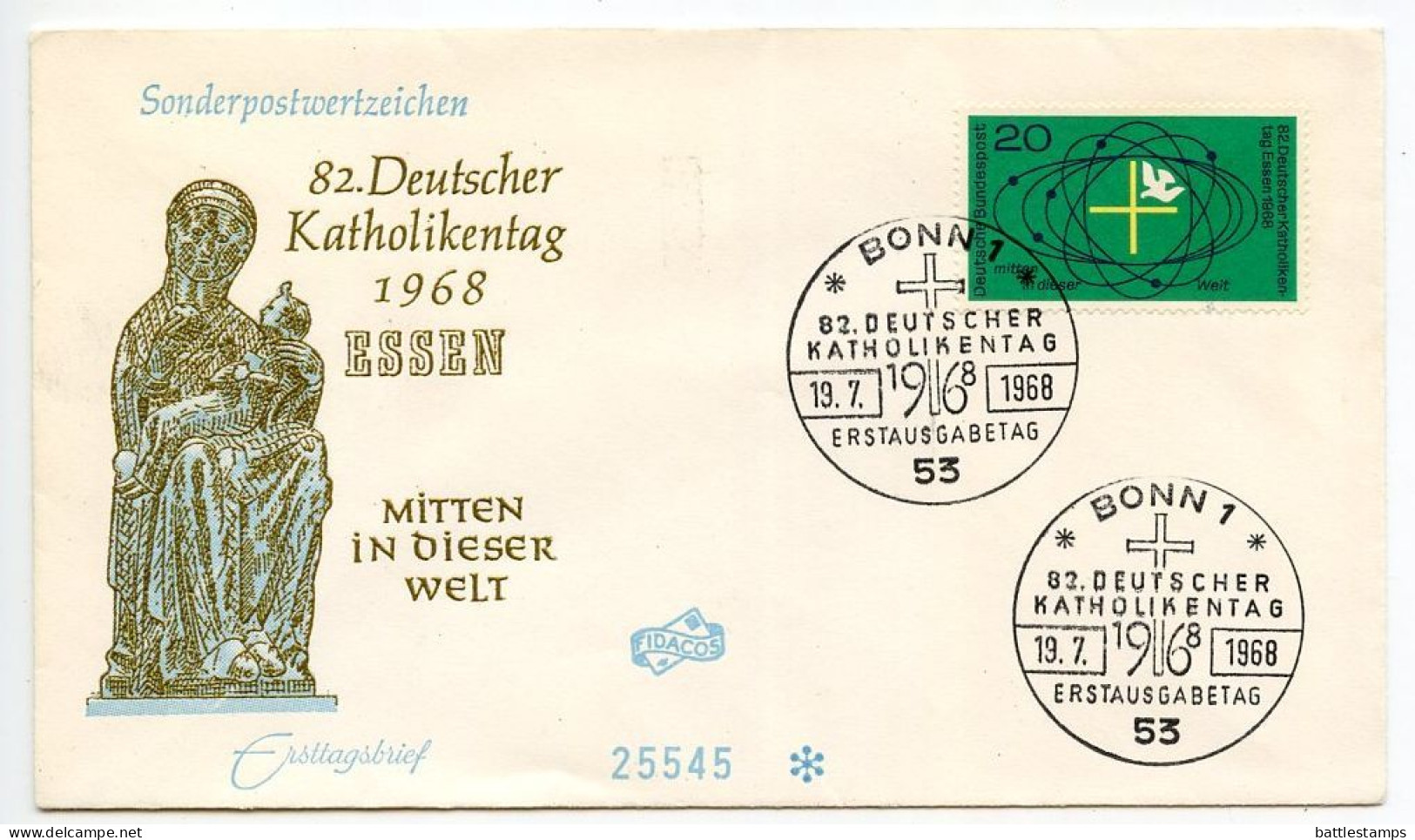 Germany, West 1968 FDC Scott 989 82nd Meeting Of German Catholics In Essen - 1961-1970