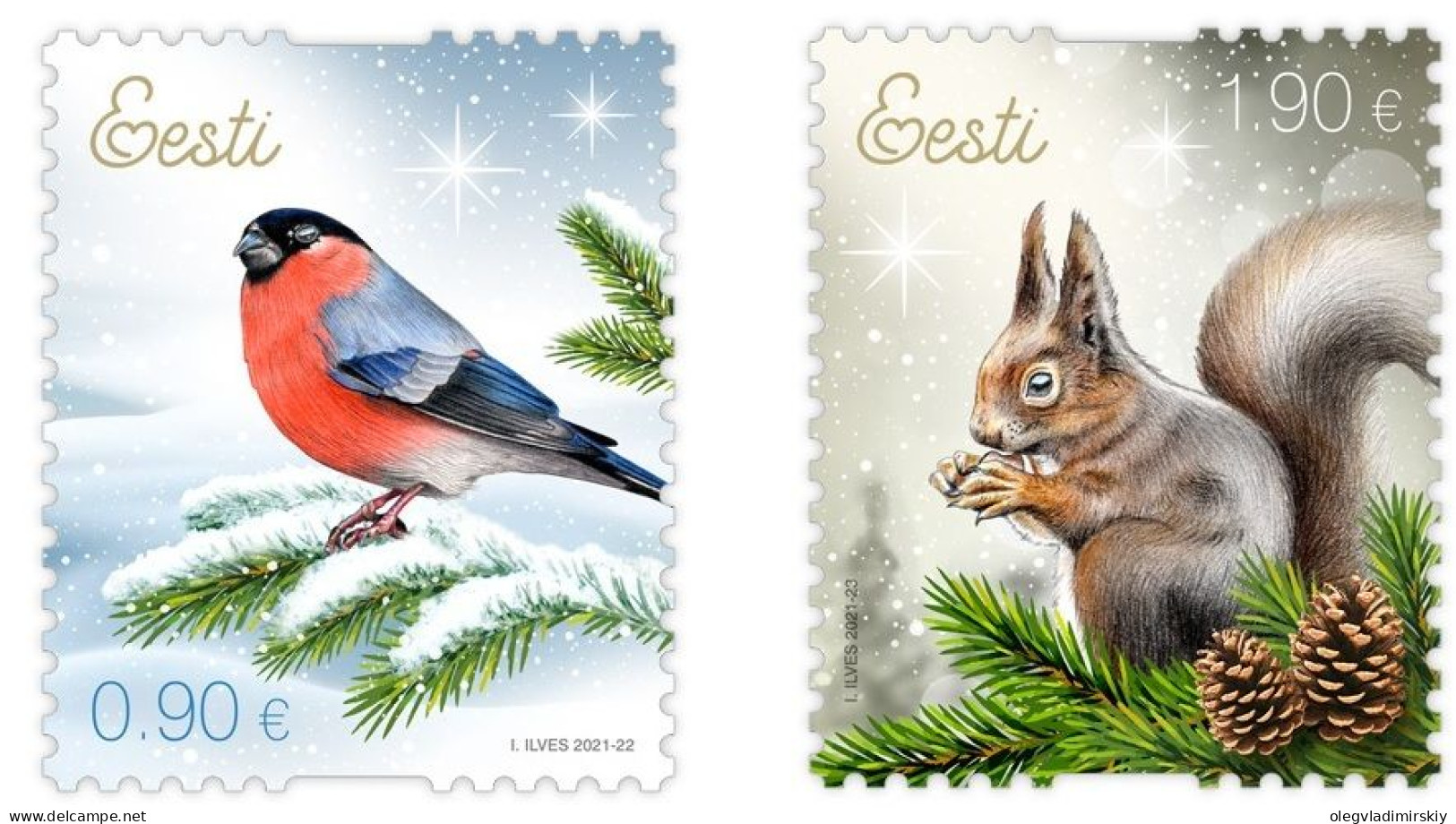 Estonia Estland Estonie 2021 Christmas Bullfinch And Squirrel Bird Set Of 2 Stamps MNH - Mussen