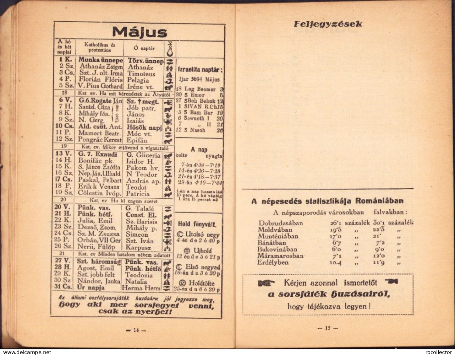 Szerencsés ember magyar naptára az 1934-ik közönséges esztendőre Marosvasarhely 718SPN