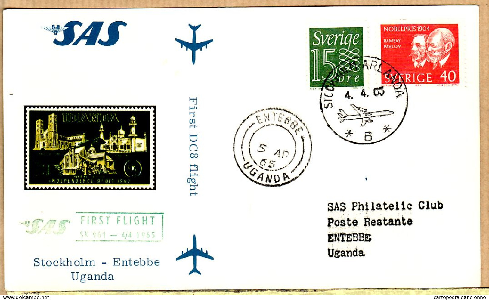 04543 / Sweden First SAS DOUGLAS DC-8 Jet Flight 04-04-1965 STOCKHOLM-ENTEBBE-UGANDA Cpav - Lettres & Documents