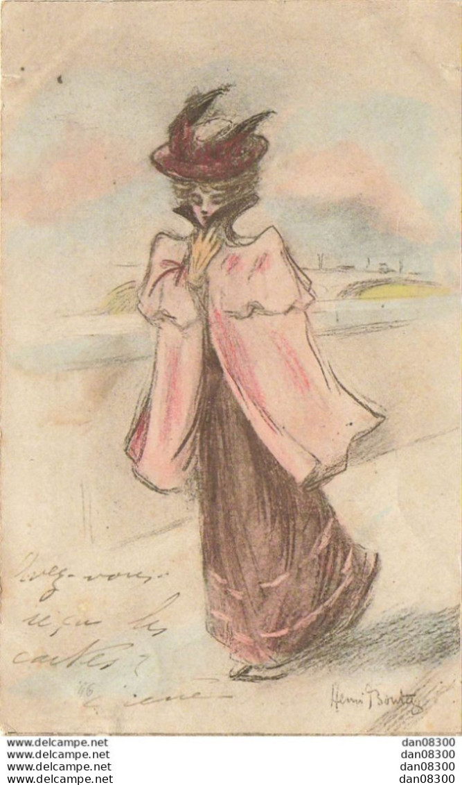 FEMME AU CHAPEAU A PLUMES ENVELOPPEE DANS UN MANTEAU ROSE SEMBLE FRIGORIFIEE  ILLUSTRATION BOUTET - Boutet