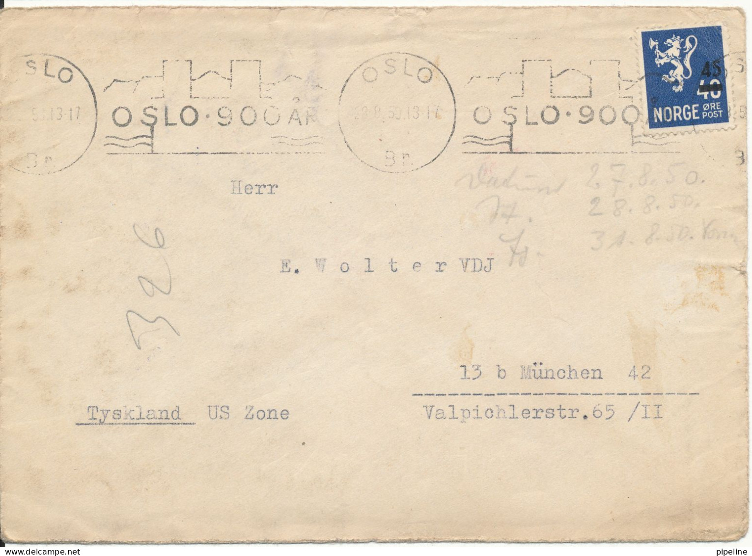 Norway Cover Sent To US Zone Germany 28-8-1950 Single Overprinted Stamp (Oslo 900 Aar) - Covers & Documents