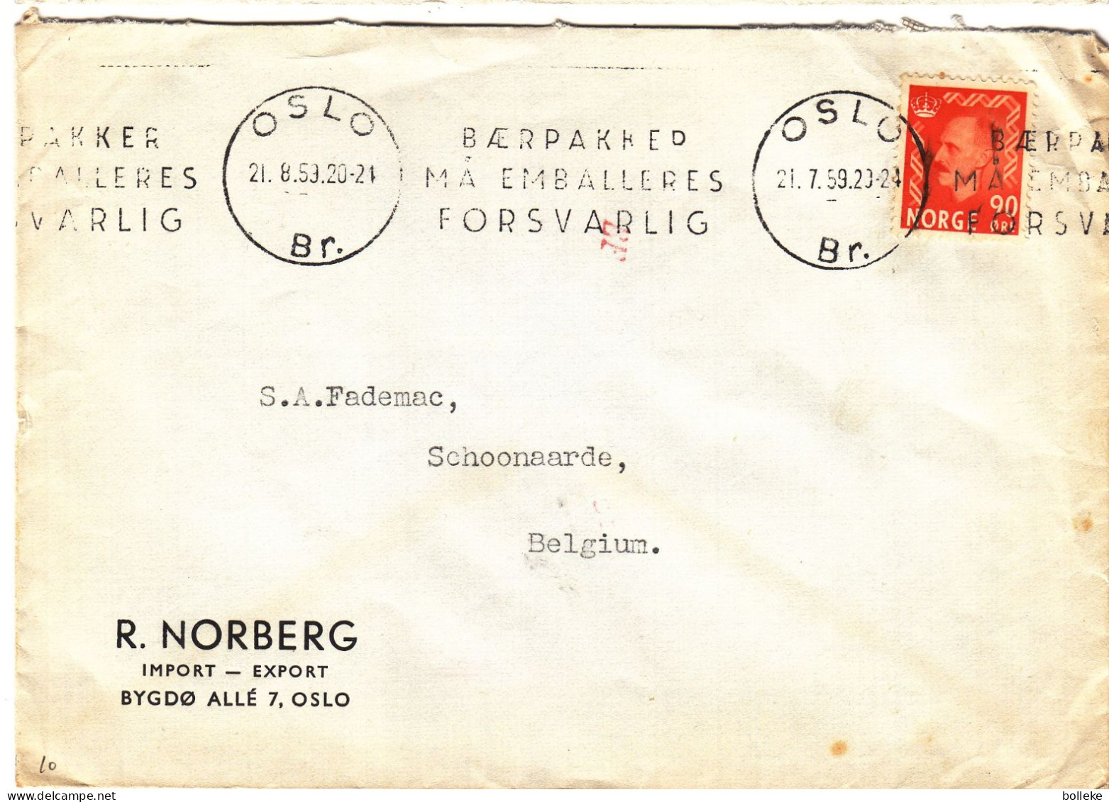 Norvège - Lettre De 1959 - Oblit Oslo - Exp Vers Schoonaarde - Cachet De Uitbergen - - Covers & Documents