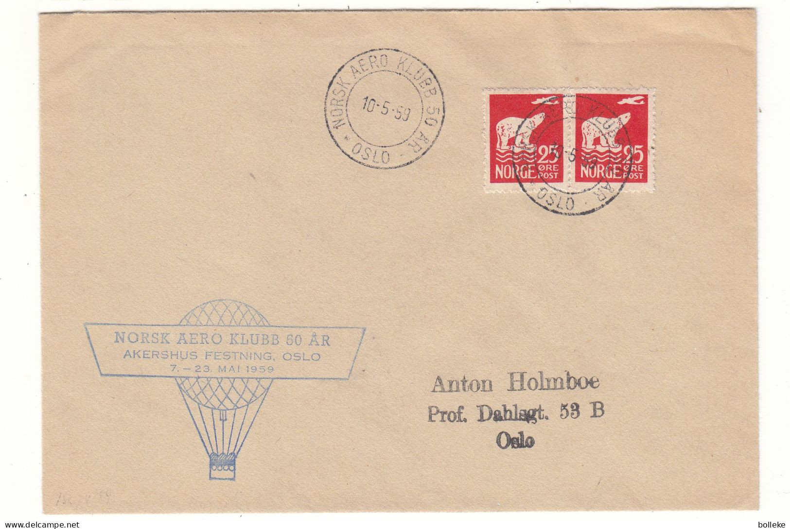 Norvège - Lettre De 1959 - Oblit Norsk Aero Klubb 50 Är - Valeur 26,50 € ( 20 + 6,50 ) - Ours - - Lettres & Documents