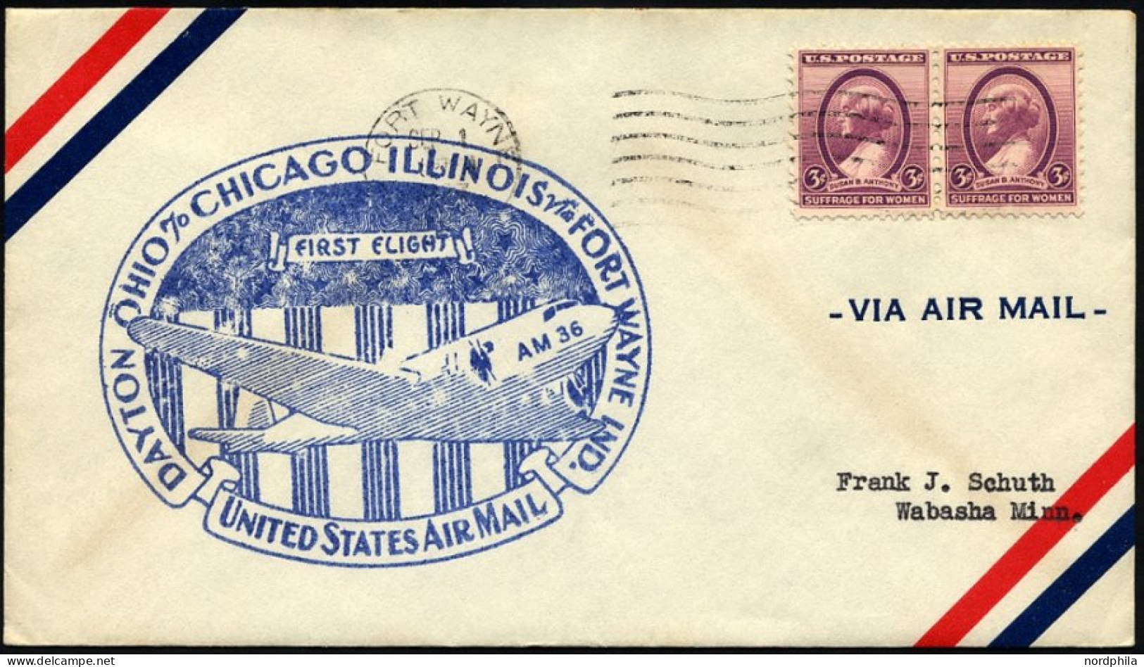 US-FLUGPOST 1.9.1937, AM36-Erstflug FORT WAYNE-TRIMBLE, Prachtbrief - 1c. 1918-1940 Briefe U. Dokumente
