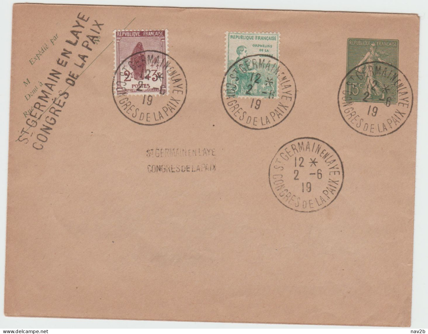 Entier Enveloppe Semeuse Lignée 15 Cts Datée 912 . Oblitération Congrés De La Paix 1919 St Germain En Lay - Standard- Und TSC-Briefe (vor 1995)