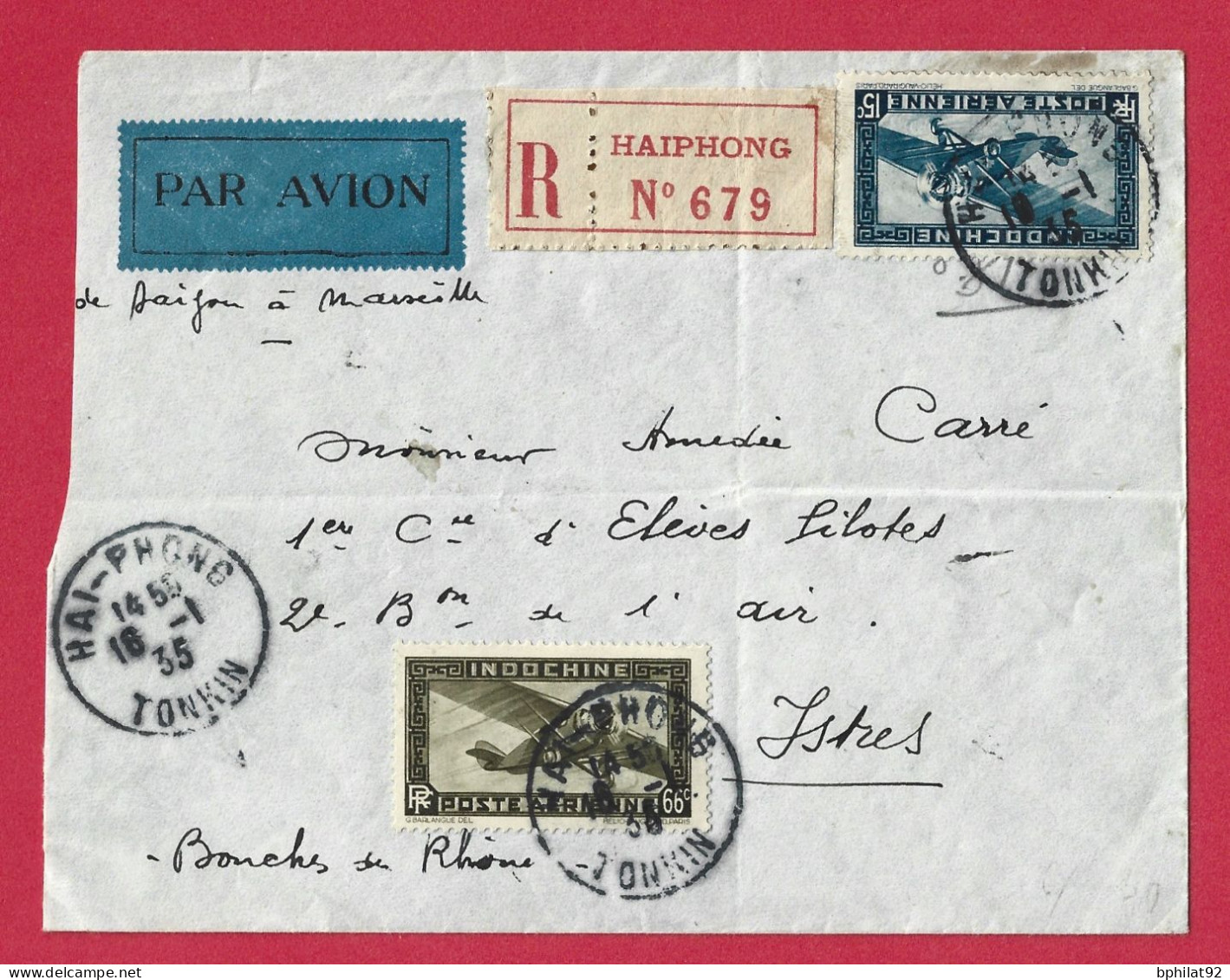 !!! INDOCHINE, LETTRE RECOMMANDÉE PAR AVION DE HAI-PHONG, TONKIN POUR LA FRANCE DE 1935, LIAISON SAIGON-MARSEILLE - Luftpost