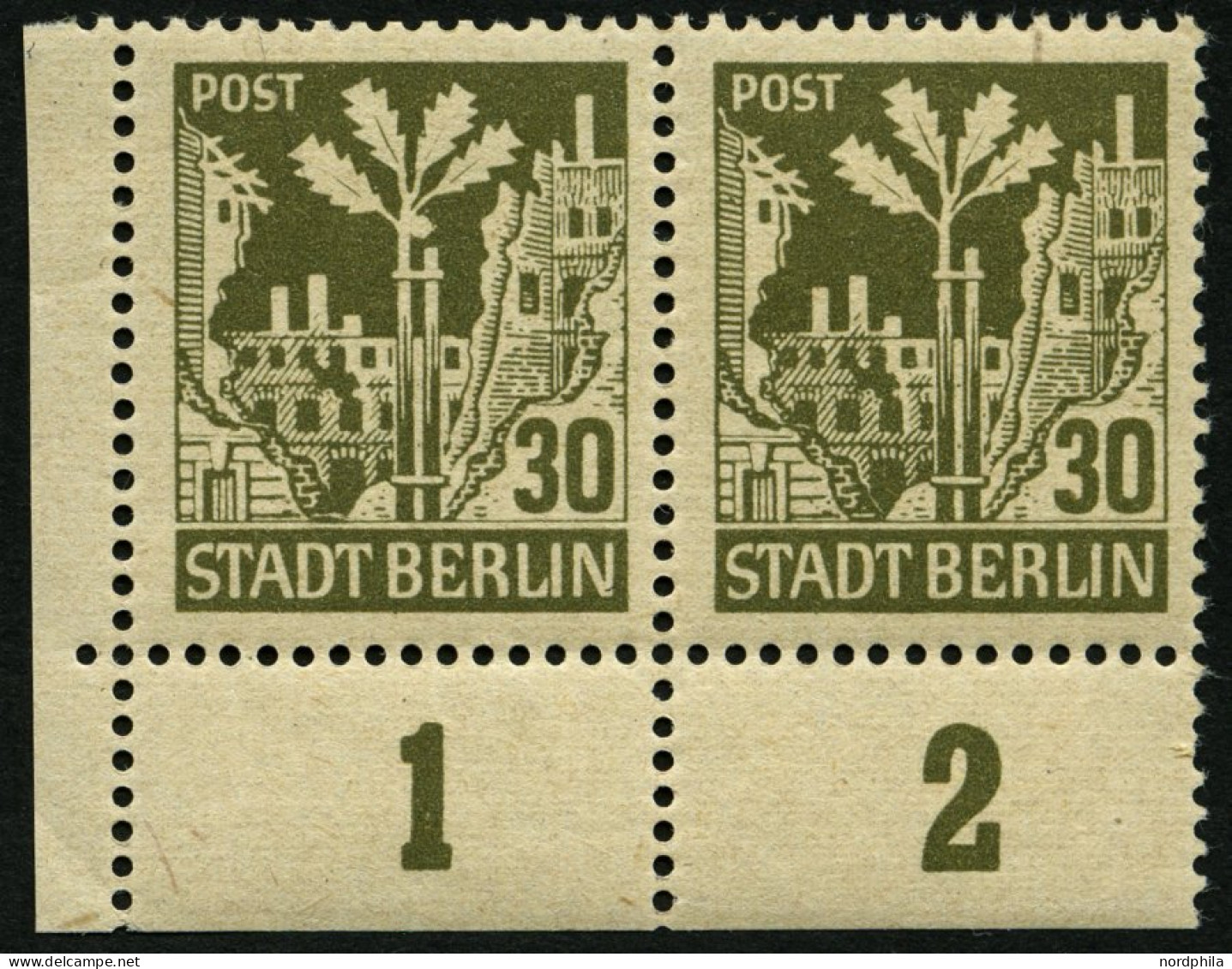 BERLIN UND BRANDENBURG 7AIV **, 1945, 30 Pf. Bräunlicholiv Mit Abart  Eichel Rechts Am Stamm, Pracht, Mi. 30.- - Berlin & Brandebourg