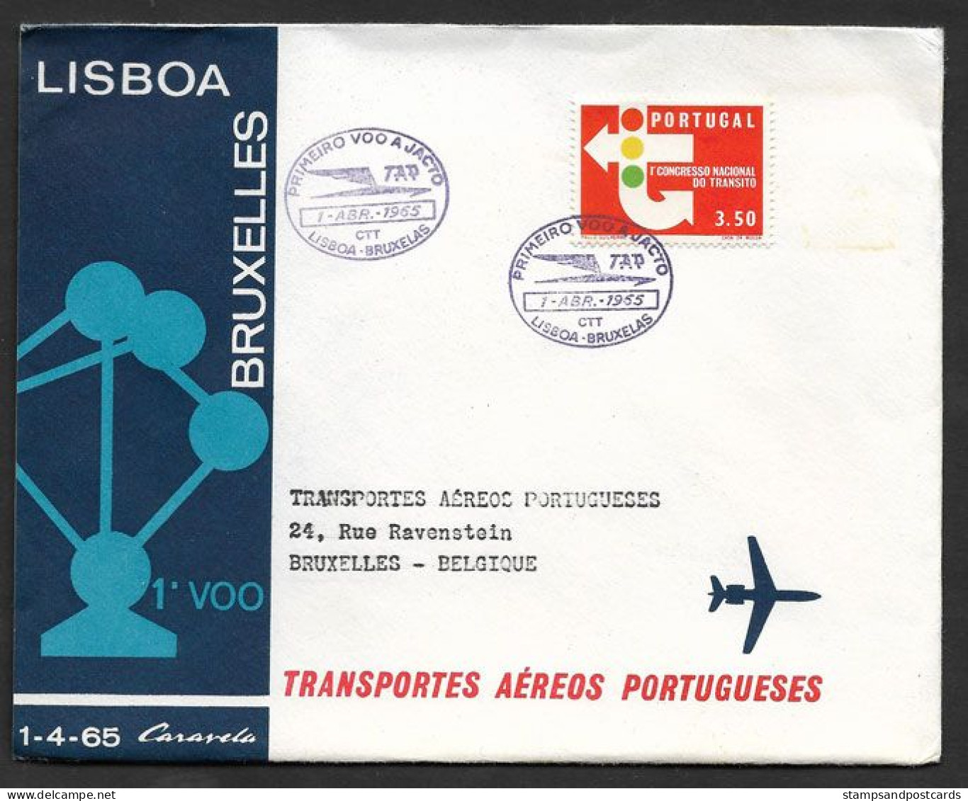 Portugal Premier Vol TAP Lisbonne Bruxelles Belgique Atomium 1965 First Flight Lisbon Brussels Belgium Cover - Storia Postale