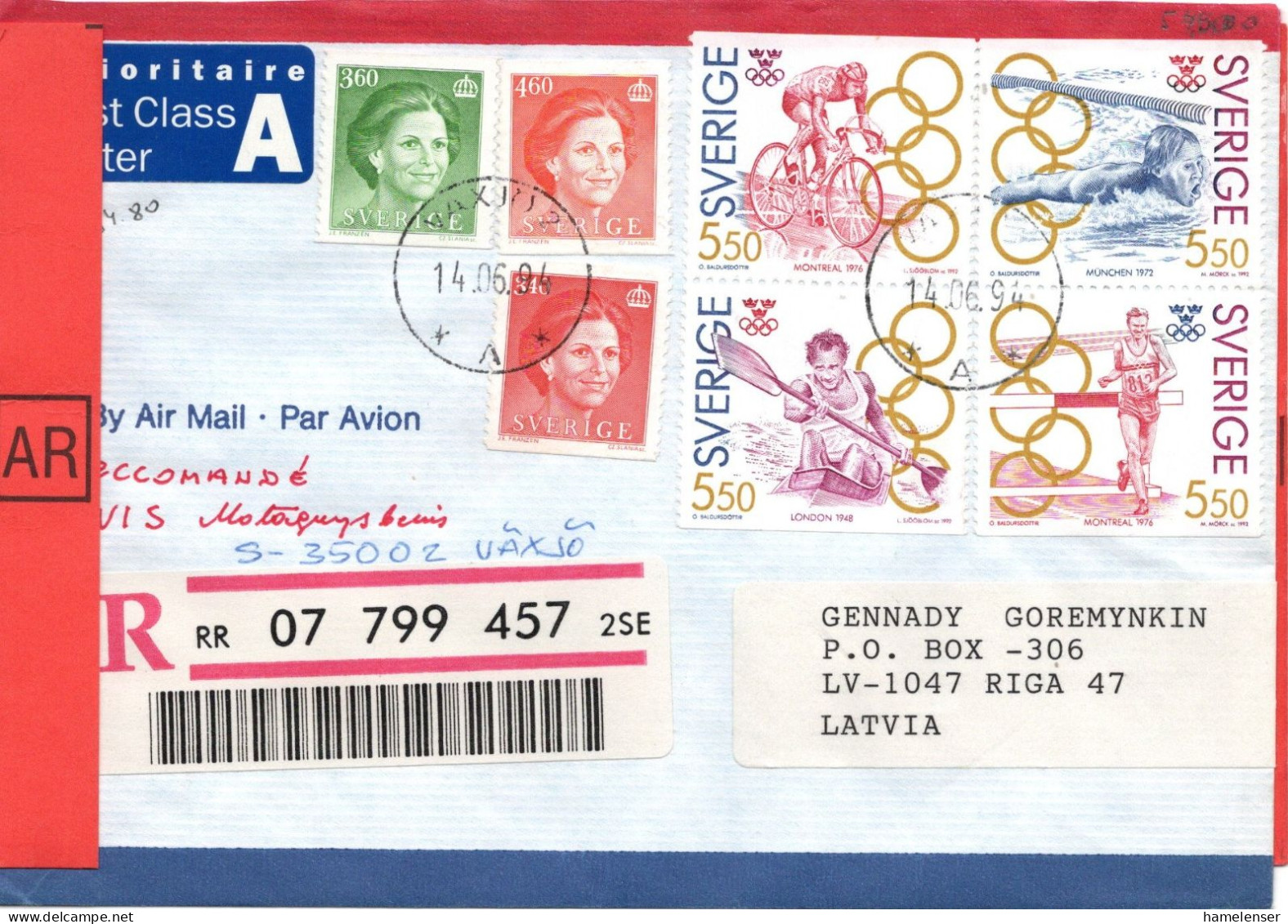 76598 - Schweden - 1994 - 5,50Kr. Olympia MiF A R-RSchLpBf VAEXJOE -> RIGA (Lettland) - Brieven En Documenten