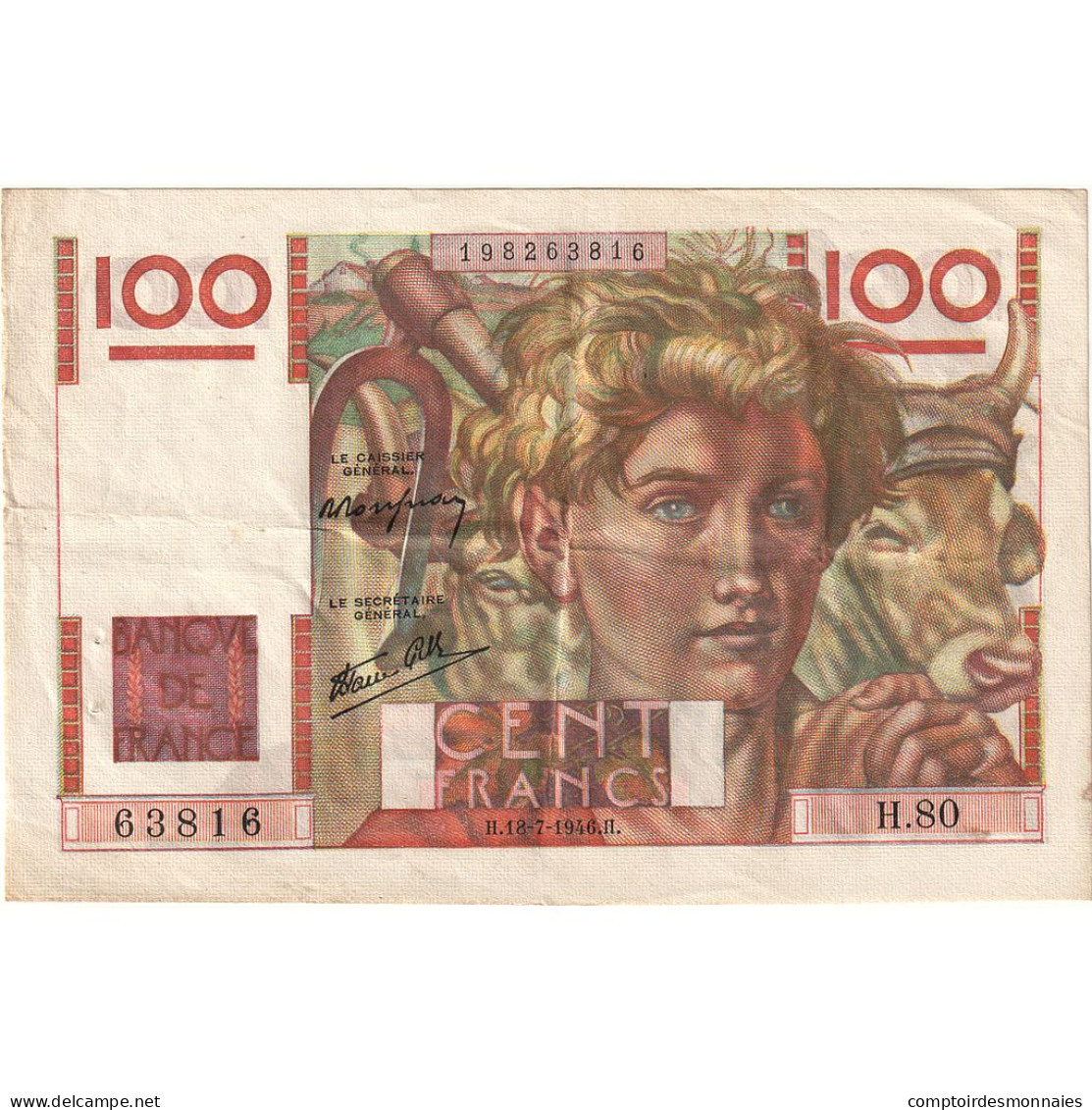 France, 100 Francs, Jeune Paysan, 1946, H.80, TTB, Fayette:28.07, KM:128a - 100 F 1945-1954 ''Jeune Paysan''