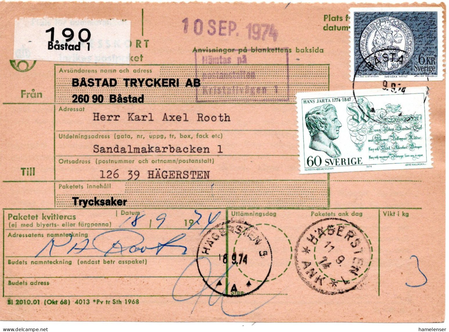 76612 - Schweden - 1974 - 6Kr Muenze MiF A PaketKte BASTAD -> HAEGERSTEN - Brieven En Documenten