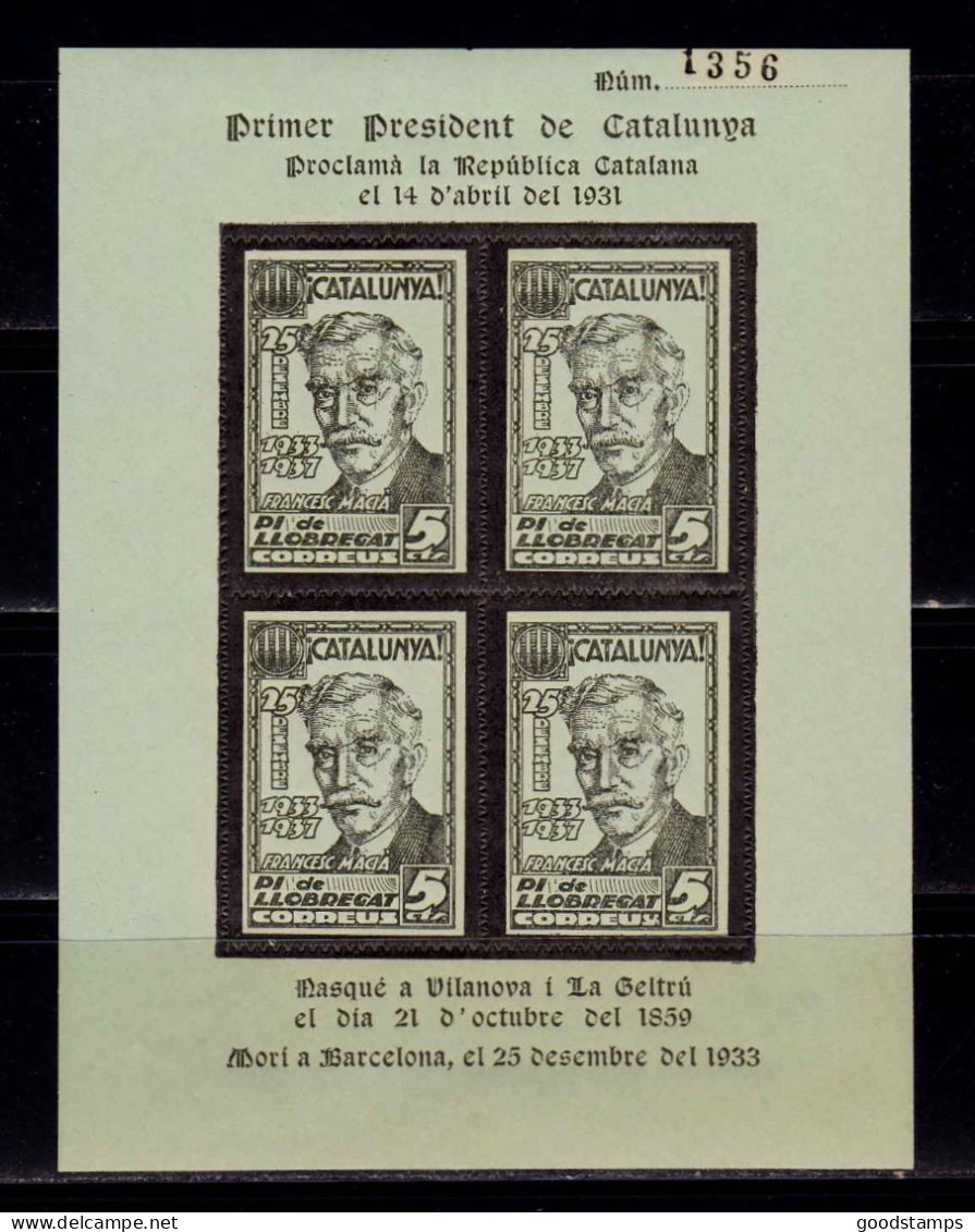 Catalonia 1937 Block - Spain Civil War, Local Issue First President - Francesc Macia / Black, MNH - Verschlussmarken Bürgerkrieg