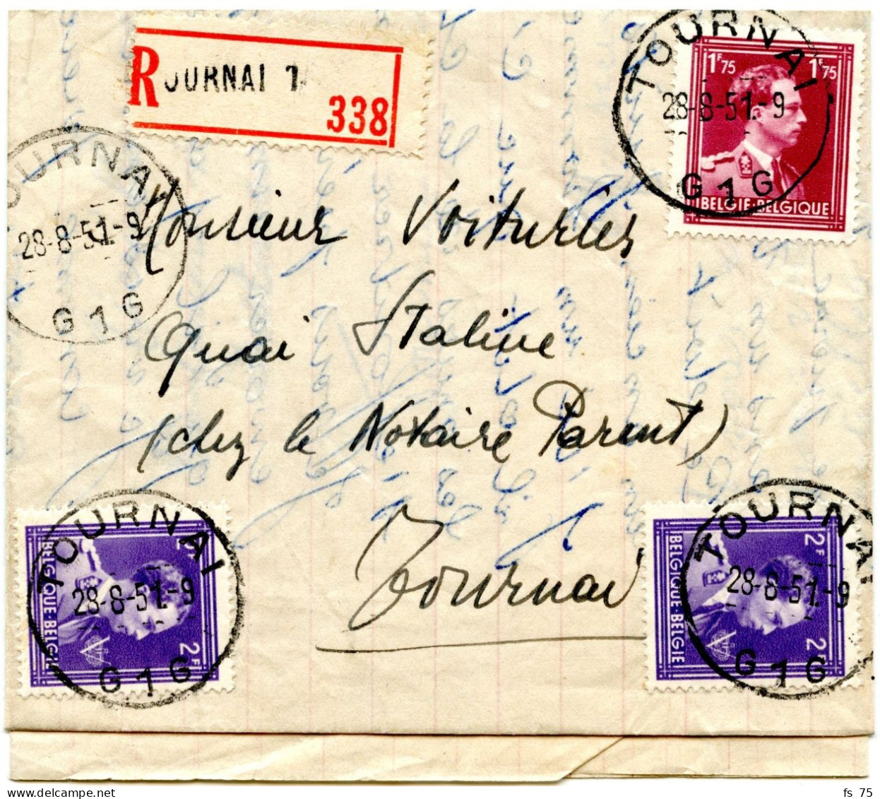 BELGIQUE - COB 693X2+832 SIMPLE CERCLE TOURNAI SUR LETTRE RECOMMANDEE, 1951 - Briefe U. Dokumente