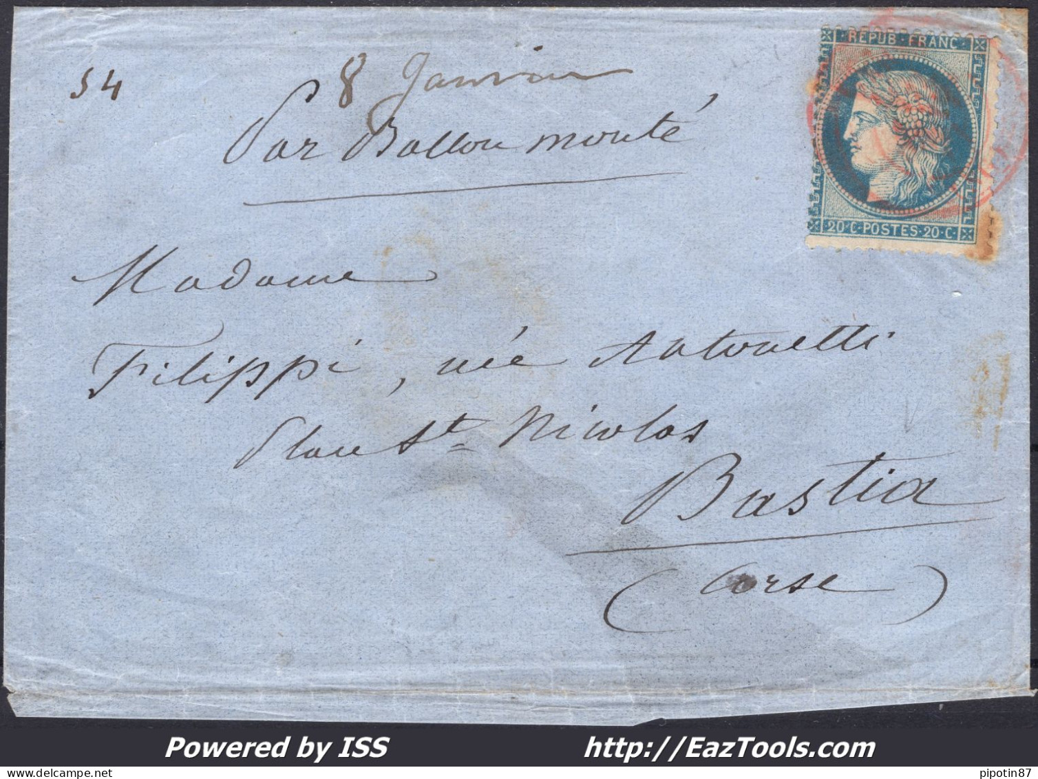 FRANCE N°37 SUR BALLON MONTÉ LE DUQUESNE CAD ROUGE PARIS SC DU 08/01/1871 - 1870 Beleg Van Parijs