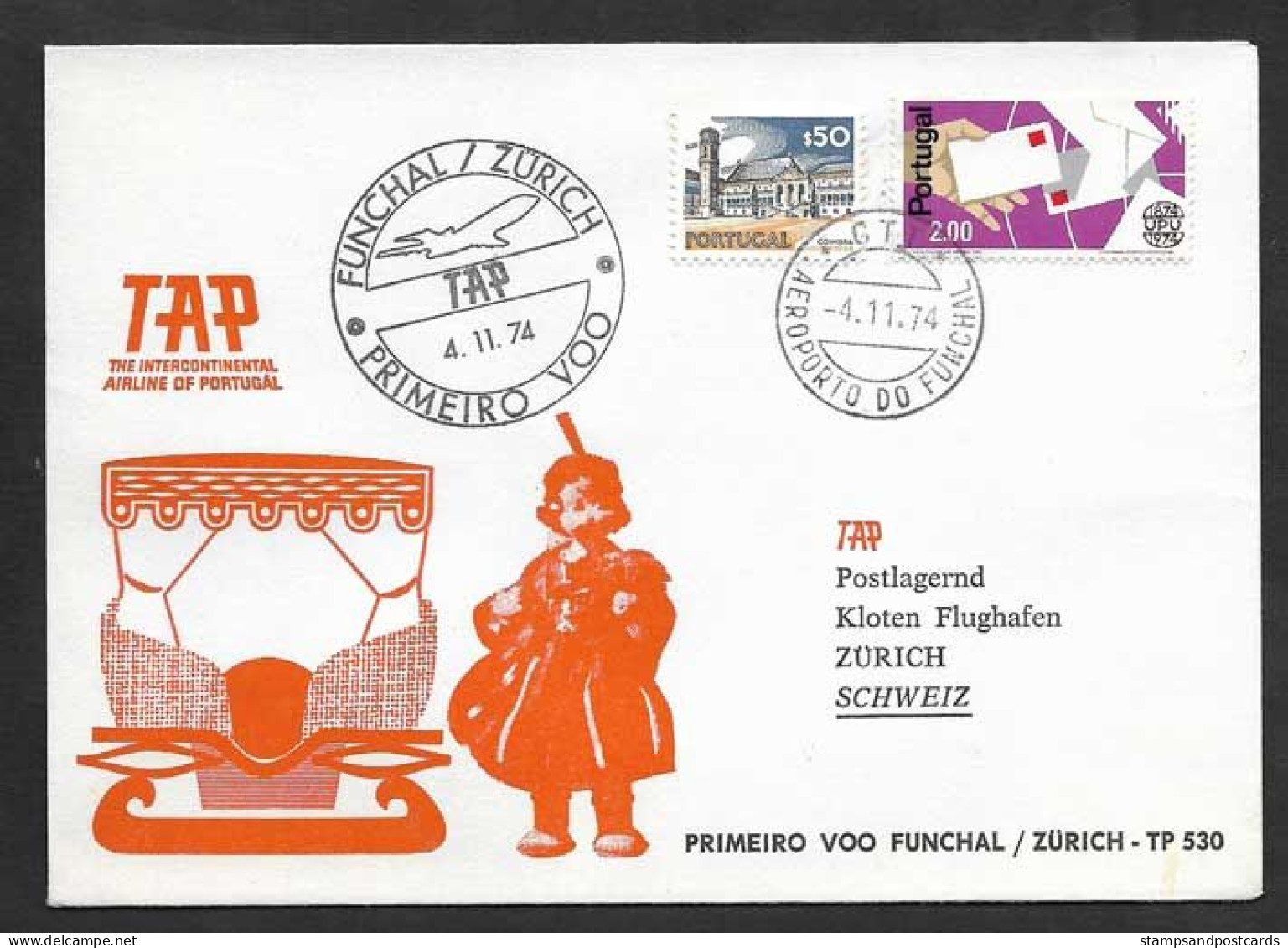 Portugal Premier Vol TAP Funchal Madère Zurich Suisse 1974 First Flight Madeira Switzerland - Covers & Documents