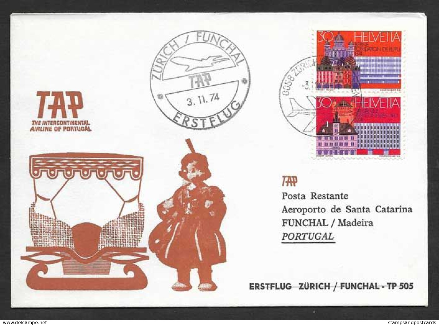 Portugal Premier Vol TAP Funchal Madère Zurich Suisse 1974 First Flight Madeira Switzerland - Covers & Documents