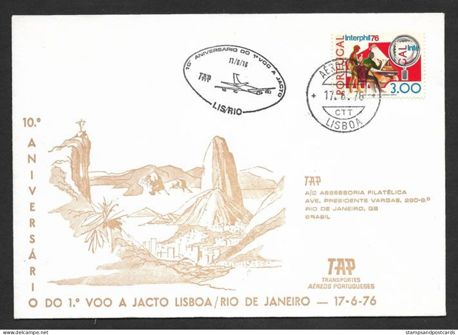 Portugal Brèsil Brasil Brazil 10 Ans Premier Vol Jet TAP Lisbonne Lisboa Rio 1976 First Flight Jet 10 Years Lisbon Rio - Airmail