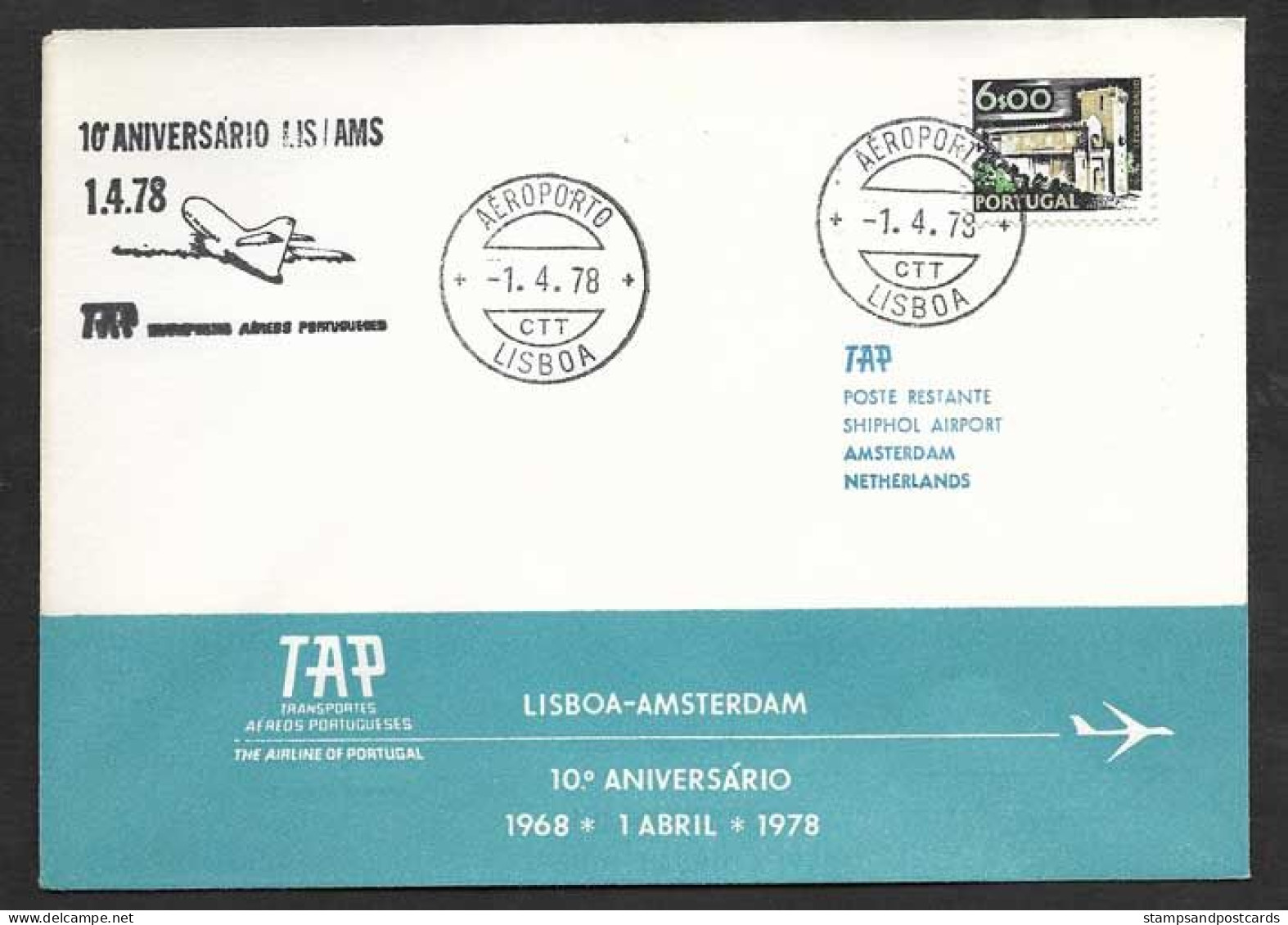 Portugal 10 Ans Premier Vol TAP Lisbonne Lisboa Amsterdam Pays-Bas 1978 First Flight Lisbon Netherlands - Storia Postale