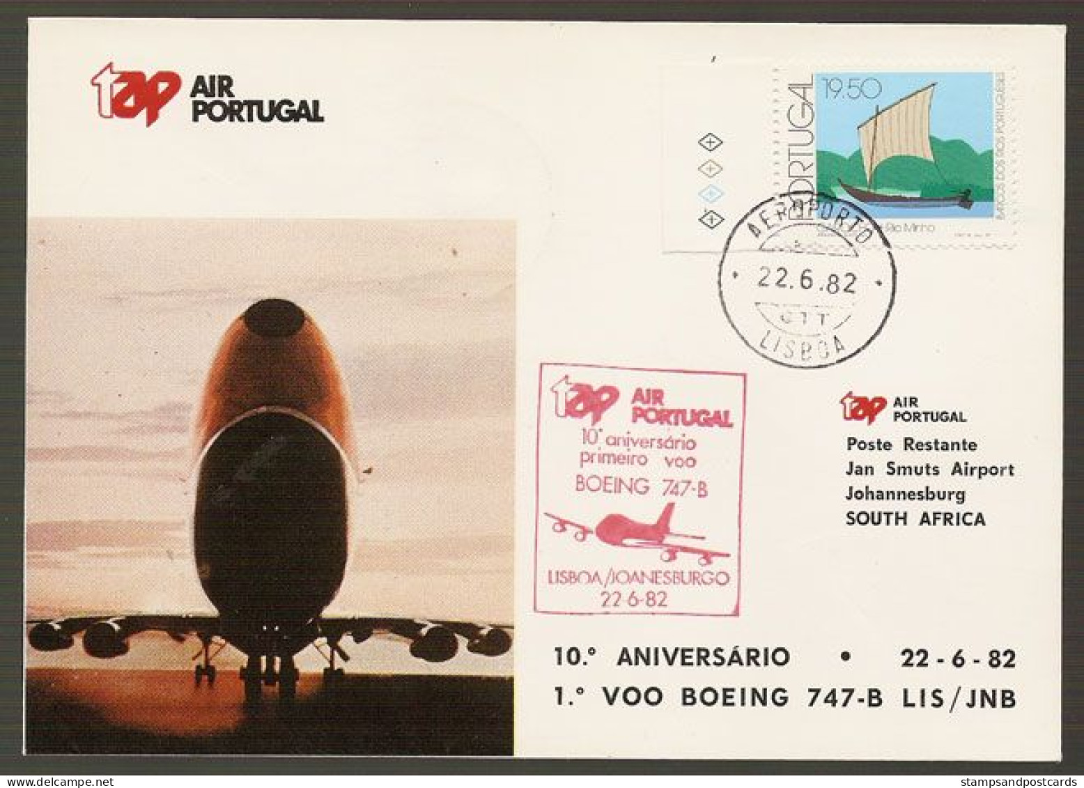 Portugal 10 Ans Premier Vol TAP Lisbonne Johannesburg Afrique Du Sud 1982 First Flight 10 Y. Lisbon South Africa - Lettres & Documents