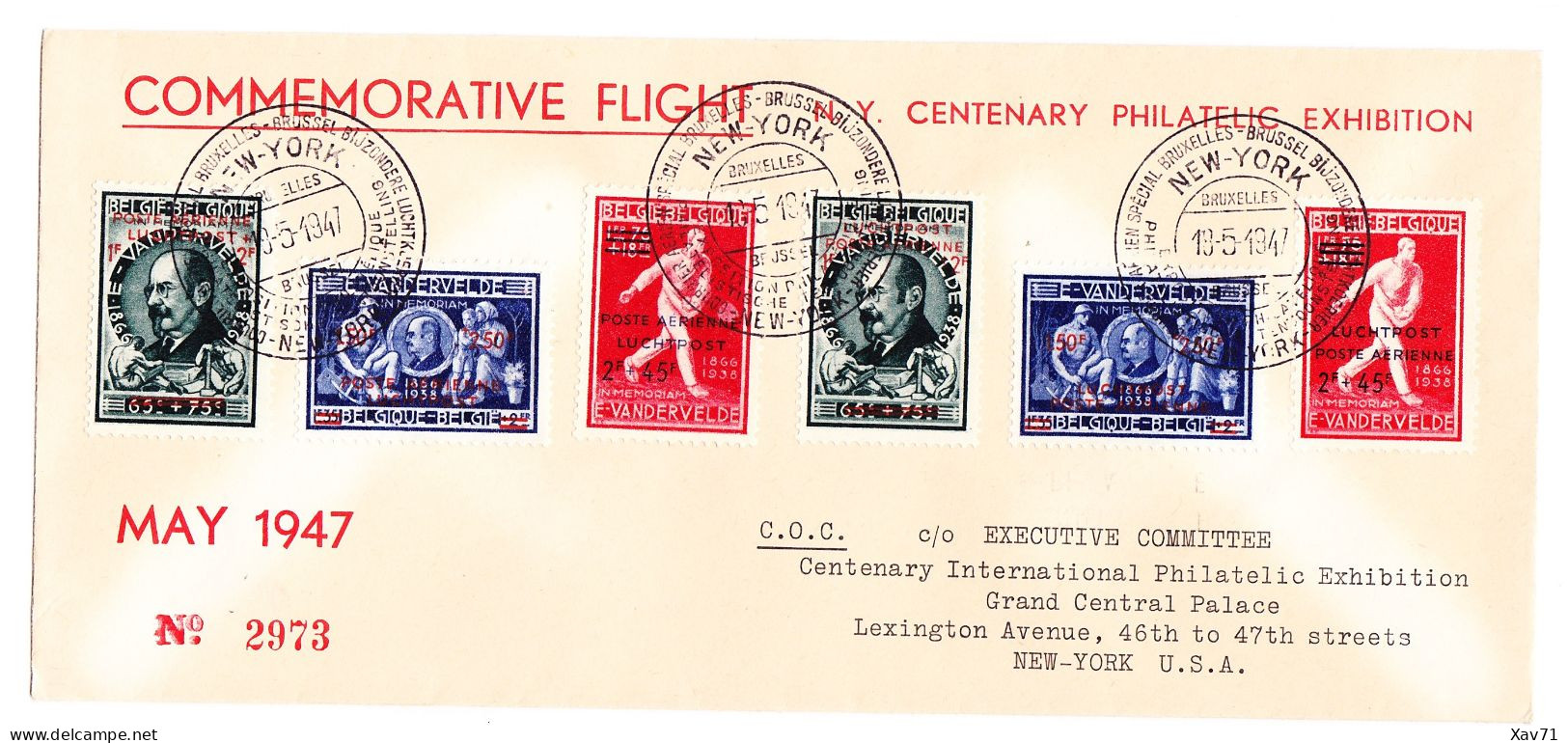 Belgique Enveloppe Commemorative Flight N.Y Centenary Philatelic Exhibition May 1947 - Lot De 3 - Lettres & Documents