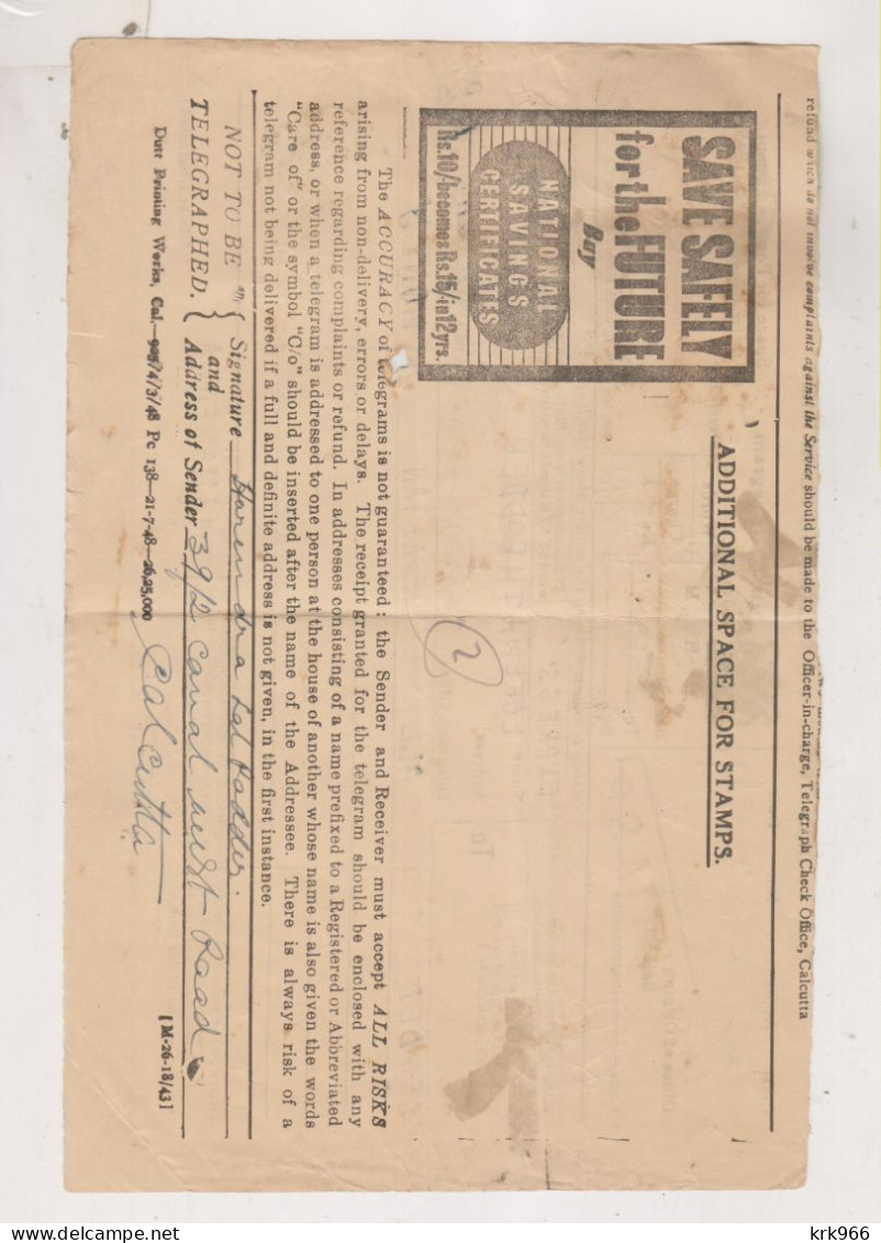 INDIA, 1949 Nice Postal Document Telegram CALCUTTA - Lettres & Documents