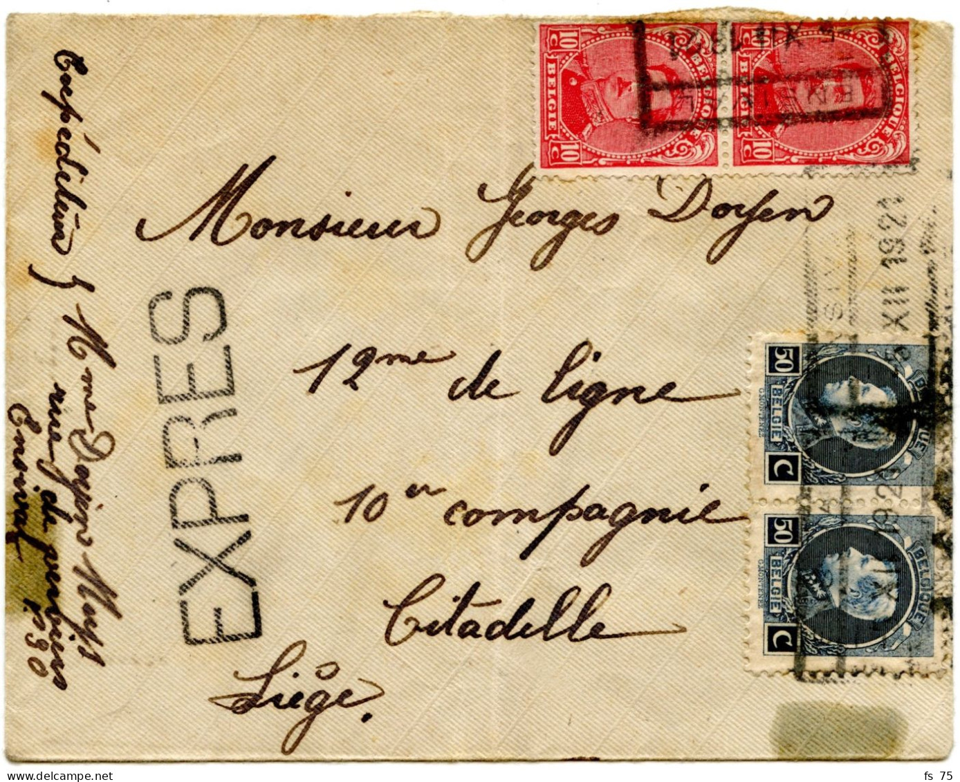 BELGIQUE - COB 138X2+187X2 TELEGRAPHE ENSIVAL SUR LETTRE PAR EXPRES, 1921 - 1915-1920 Albert I