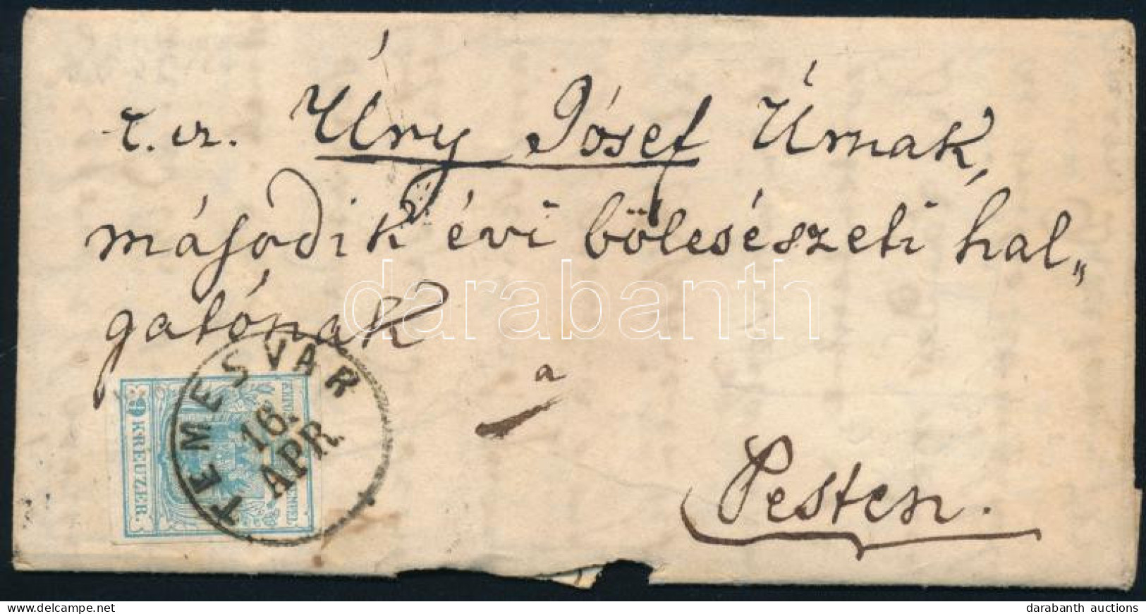 1851 9kr I. Típus, Komplett Levélen "TEMESVÁR" - "PESTH" - Autres & Non Classés